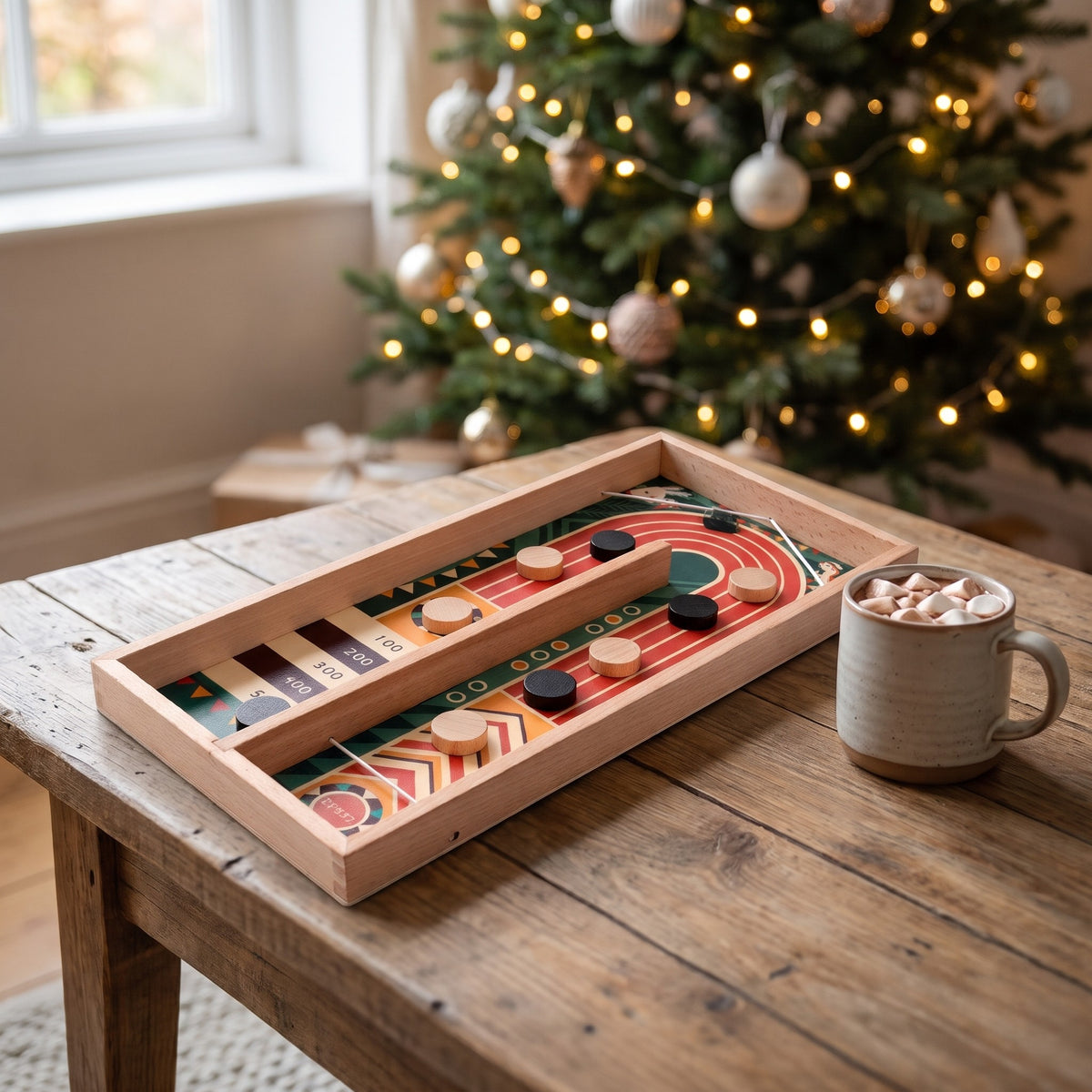 Wooden flick race track game on a coffee table by a Christmas tree