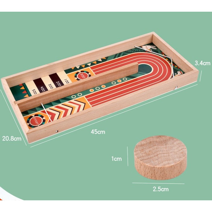 Board measures 45 x 20.8 x 3.4 cm and each puck 2.5 x 1 cm