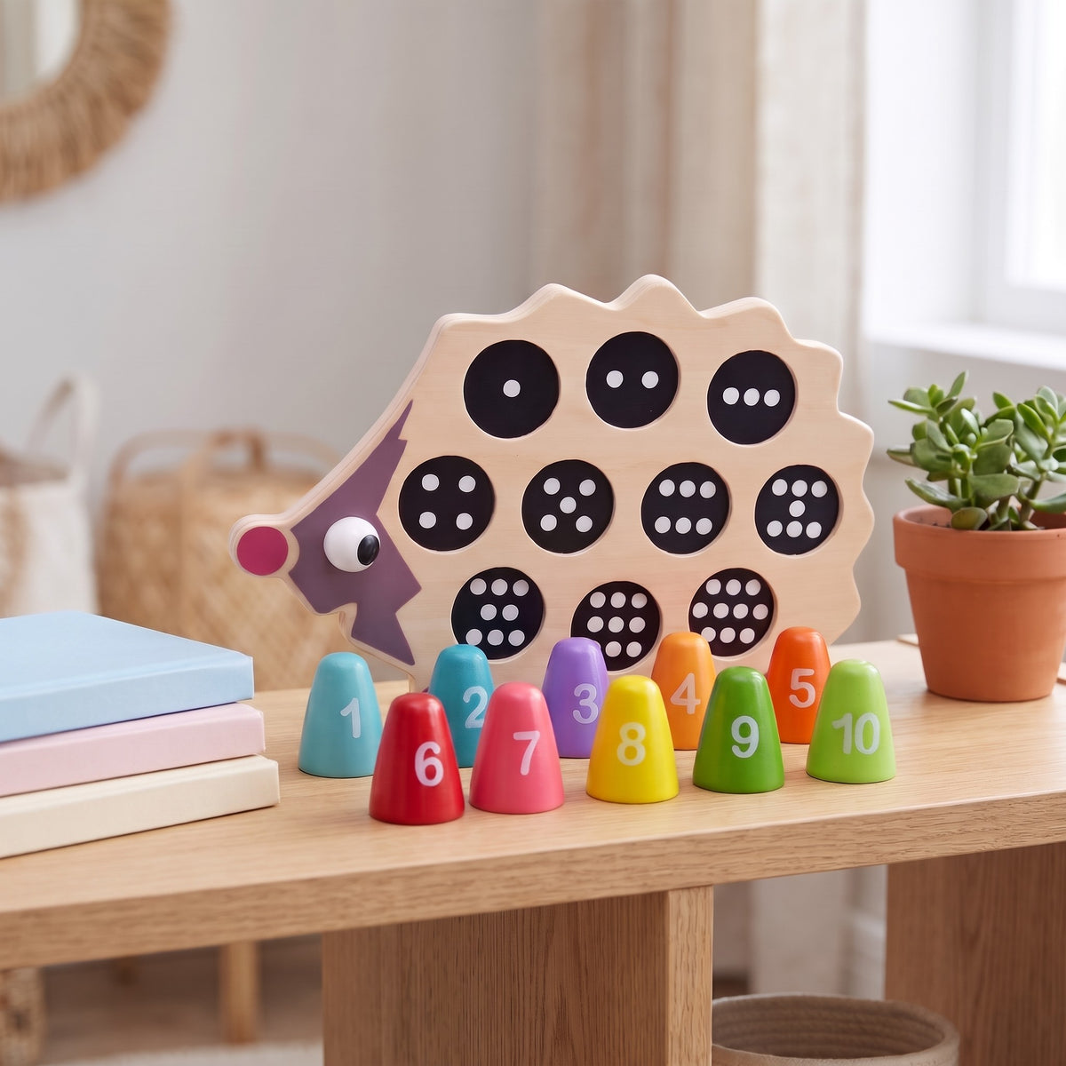 Wooden hedgehog number board and pegs on an oak nursery shelf beside books and a plant