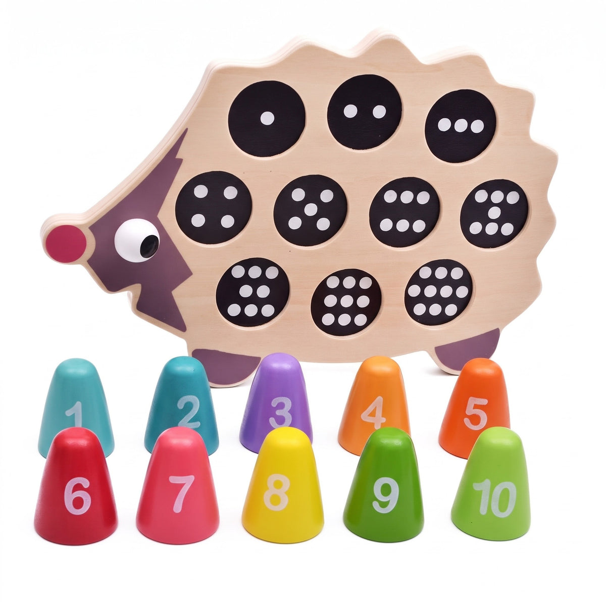 Wooden hedgehog counting board with dotted holes and ten rainbow number pegs