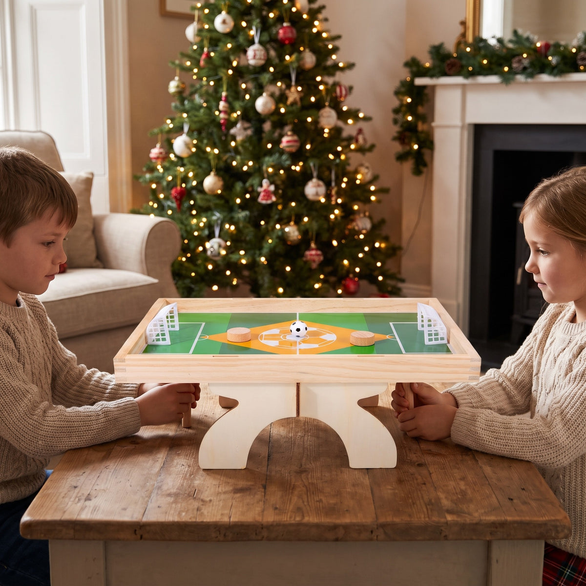 Children steering the magnetic pucks from under the pitch by a Christmas tree