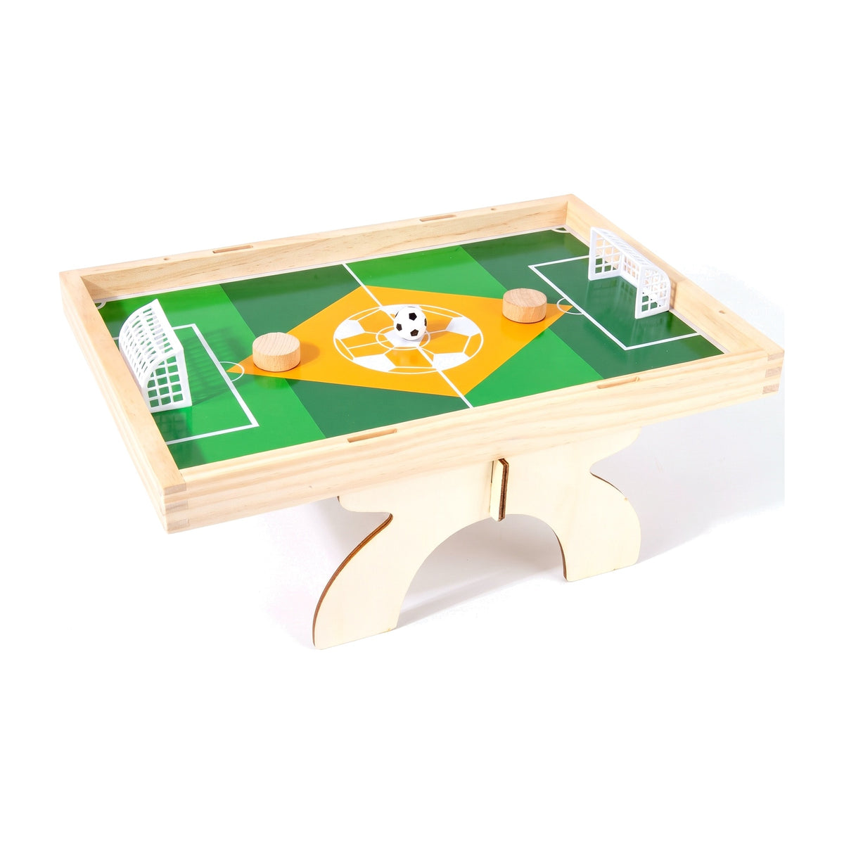 Wooden magnetic tabletop football game with goals, pucks and ball on an arch stand