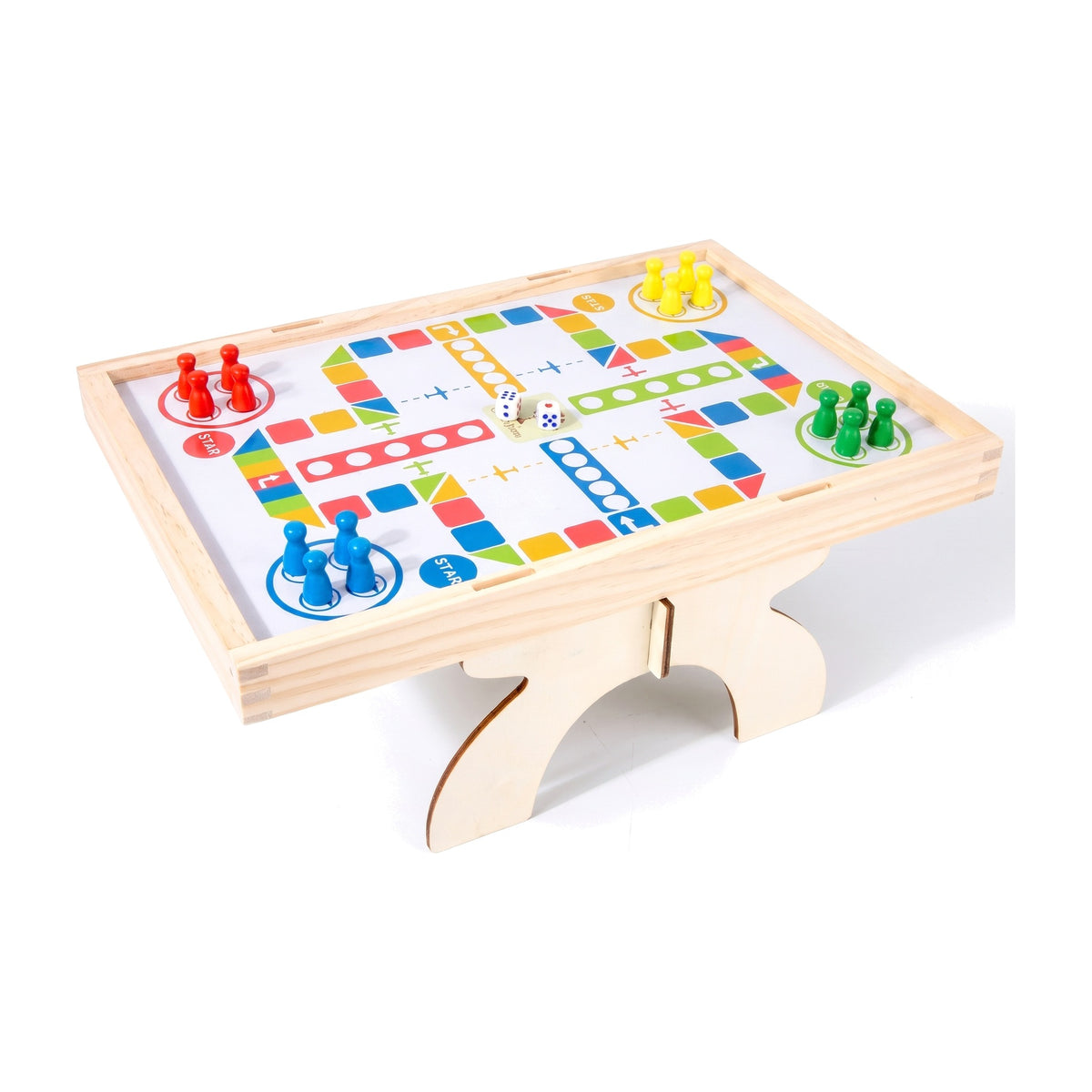 Reverse side of the wooden game board with a ludo race game, pawns and dice