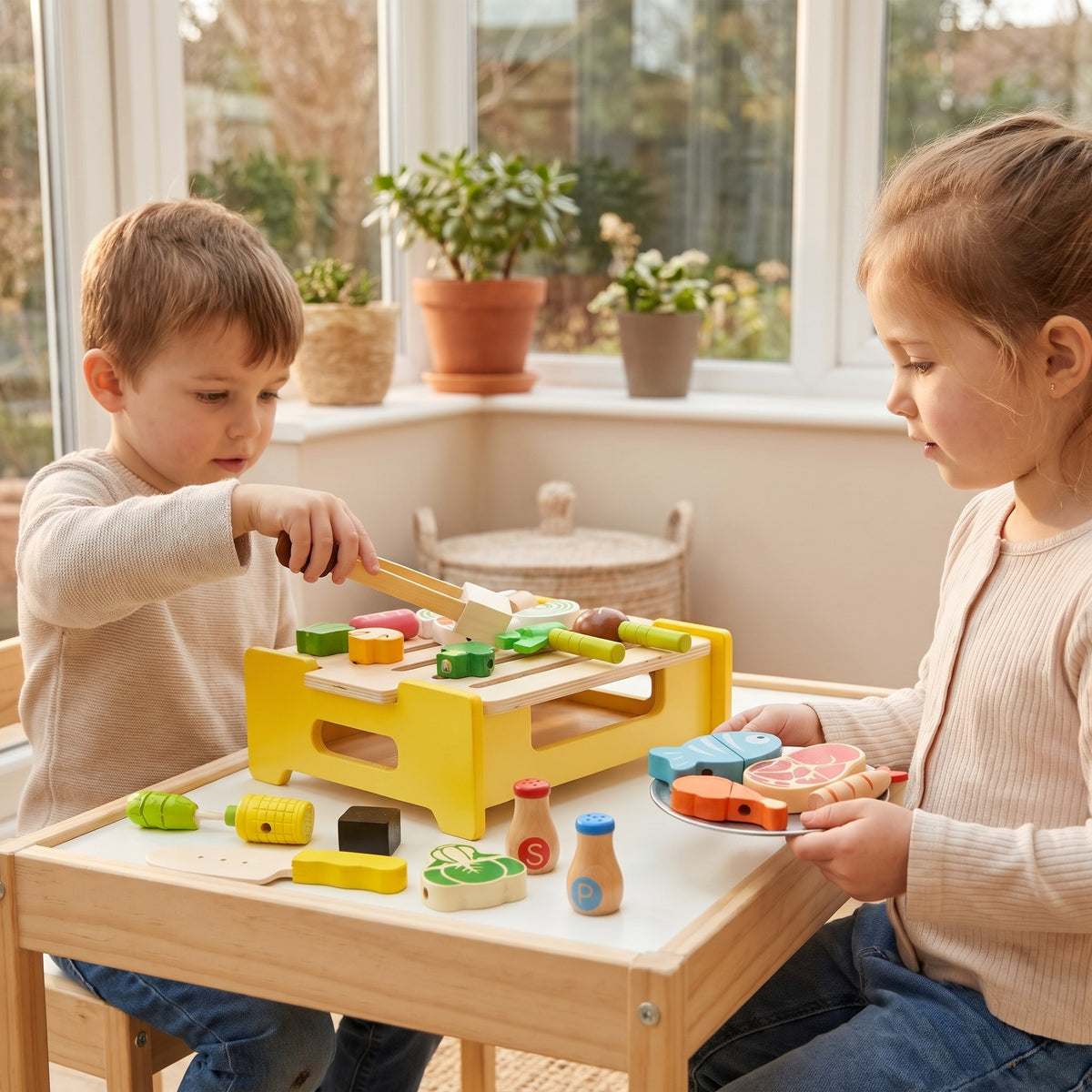 Two children playing barbecue with the wooden grill set at a low table