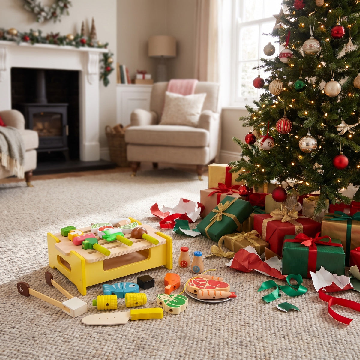 Wooden barbecue play set unwrapped beside a Christmas tree