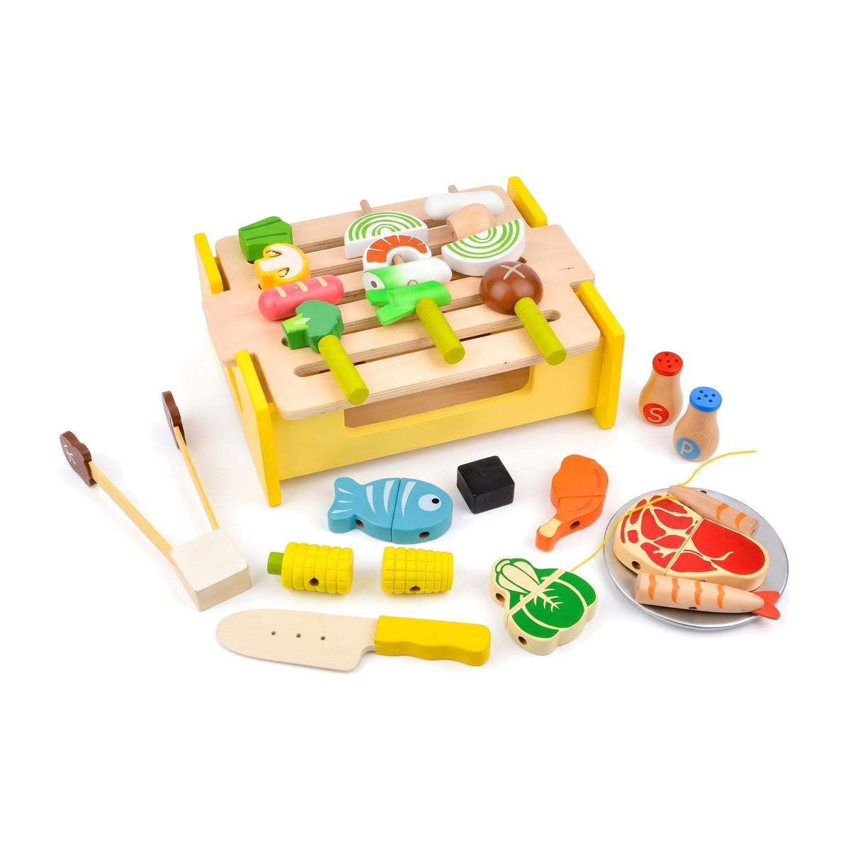 Wooden barbecue play set with grill, skewers, play food, tongs, knife, plate and shakers