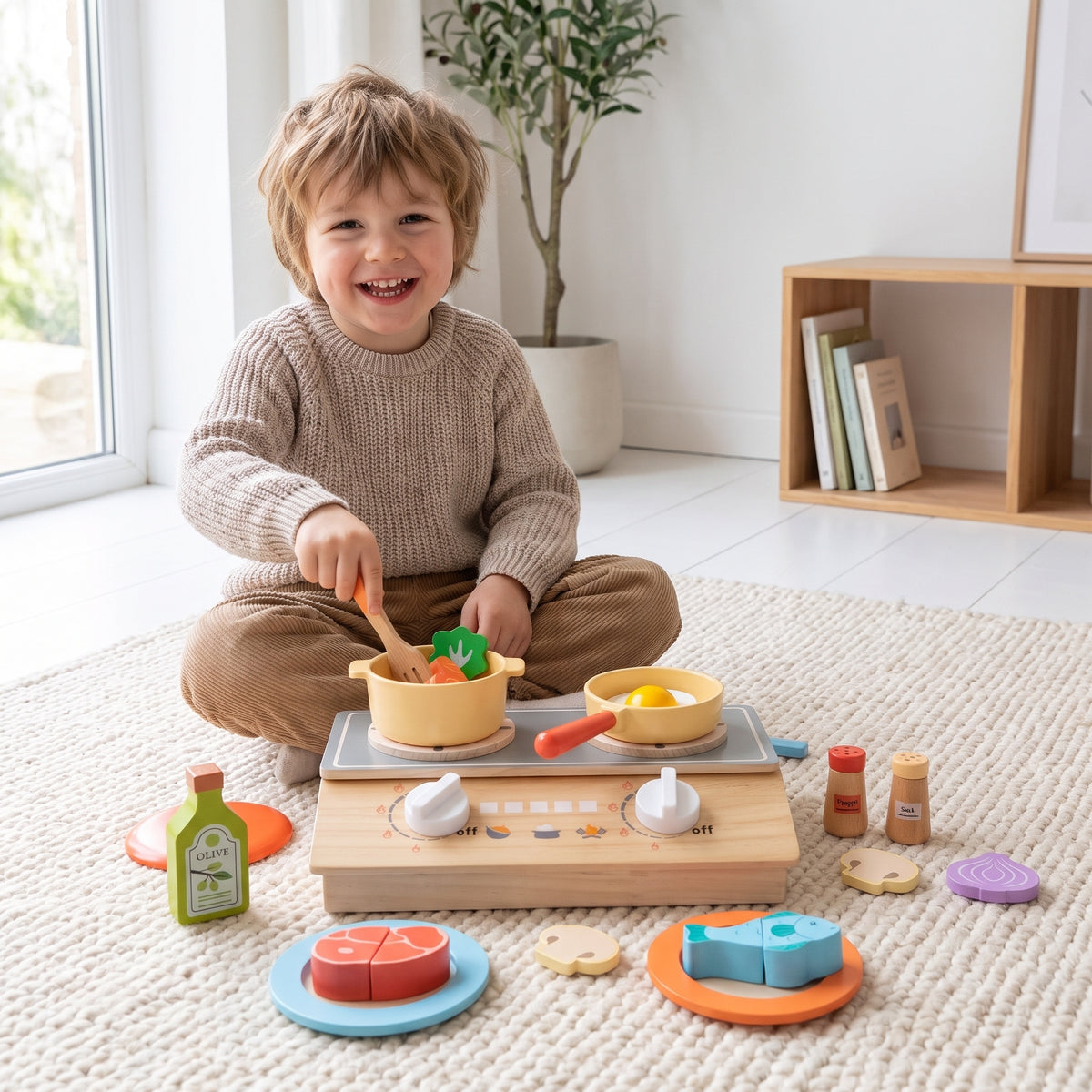 Child playing with a wooden toy stove and play food on a playroom rug