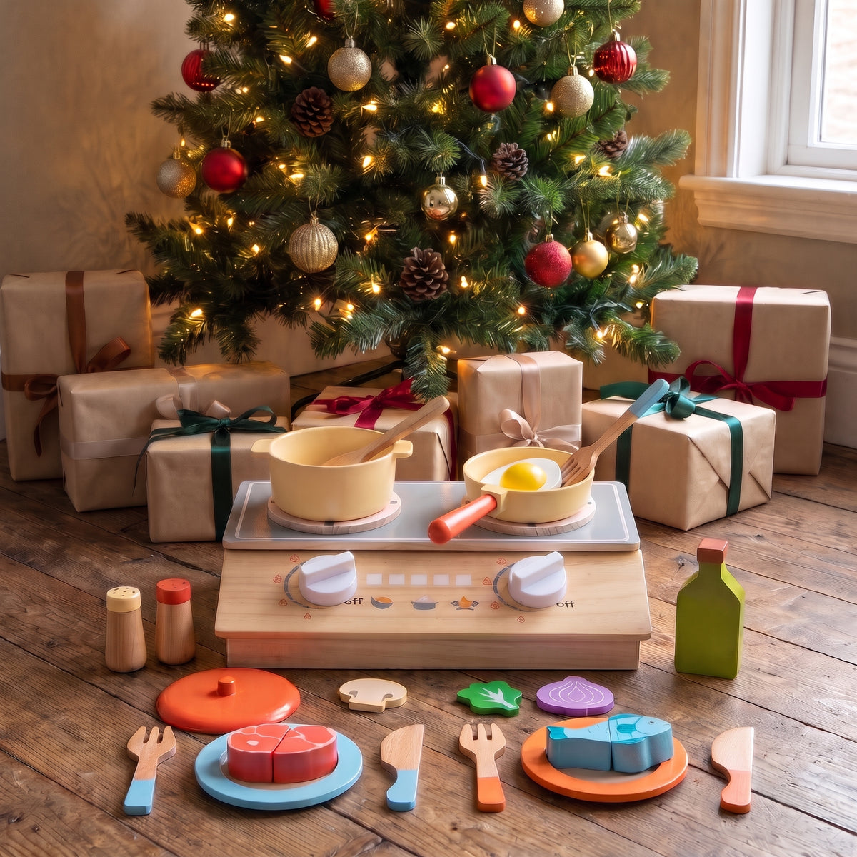 Wooden toy kitchen set with play food under a Christmas tree