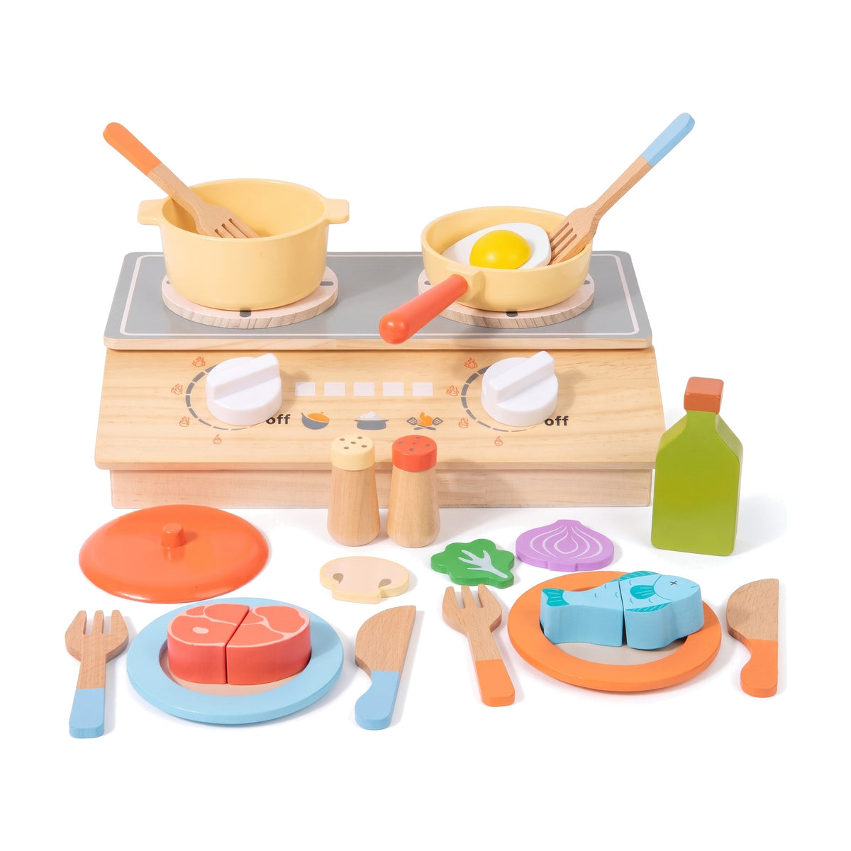 Wooden toy kitchen stove set with pots, play food, plates and cutlery