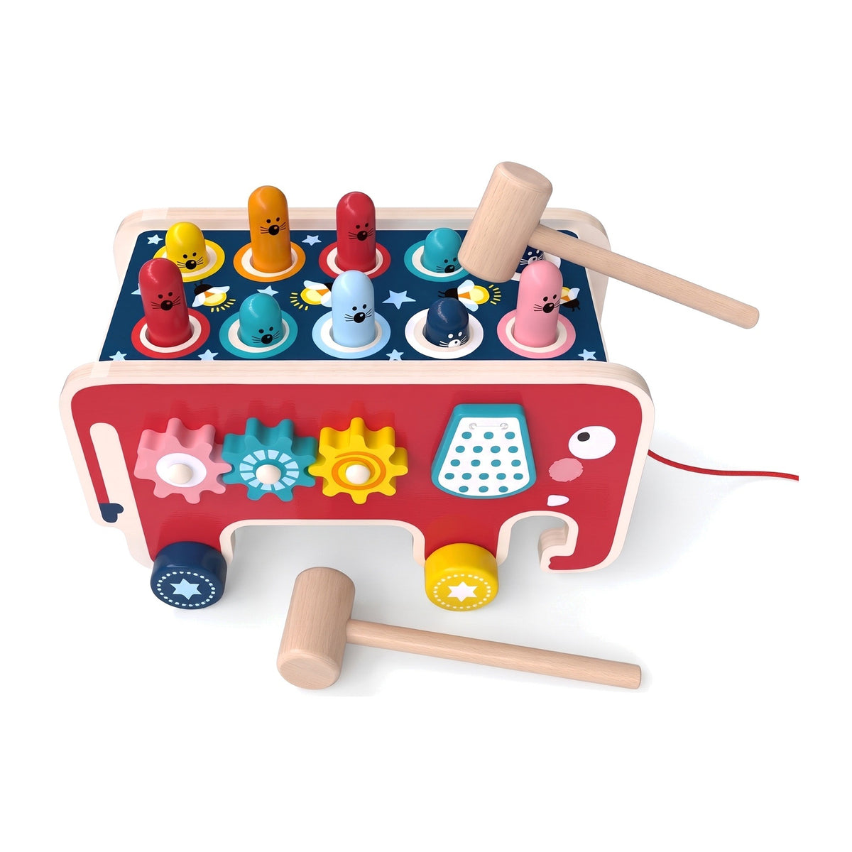 Side view of the wooden elephant pounding bench with pink, teal and yellow gears