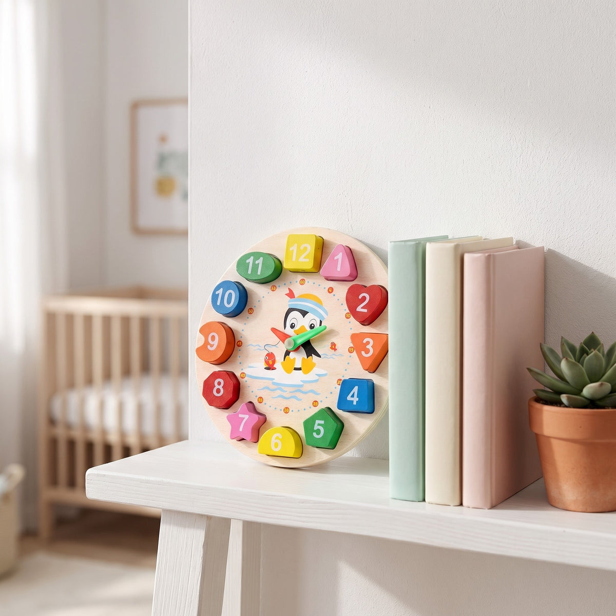 Penguin wooden clock toy on a white nursery shelf next to pastel books and a plant