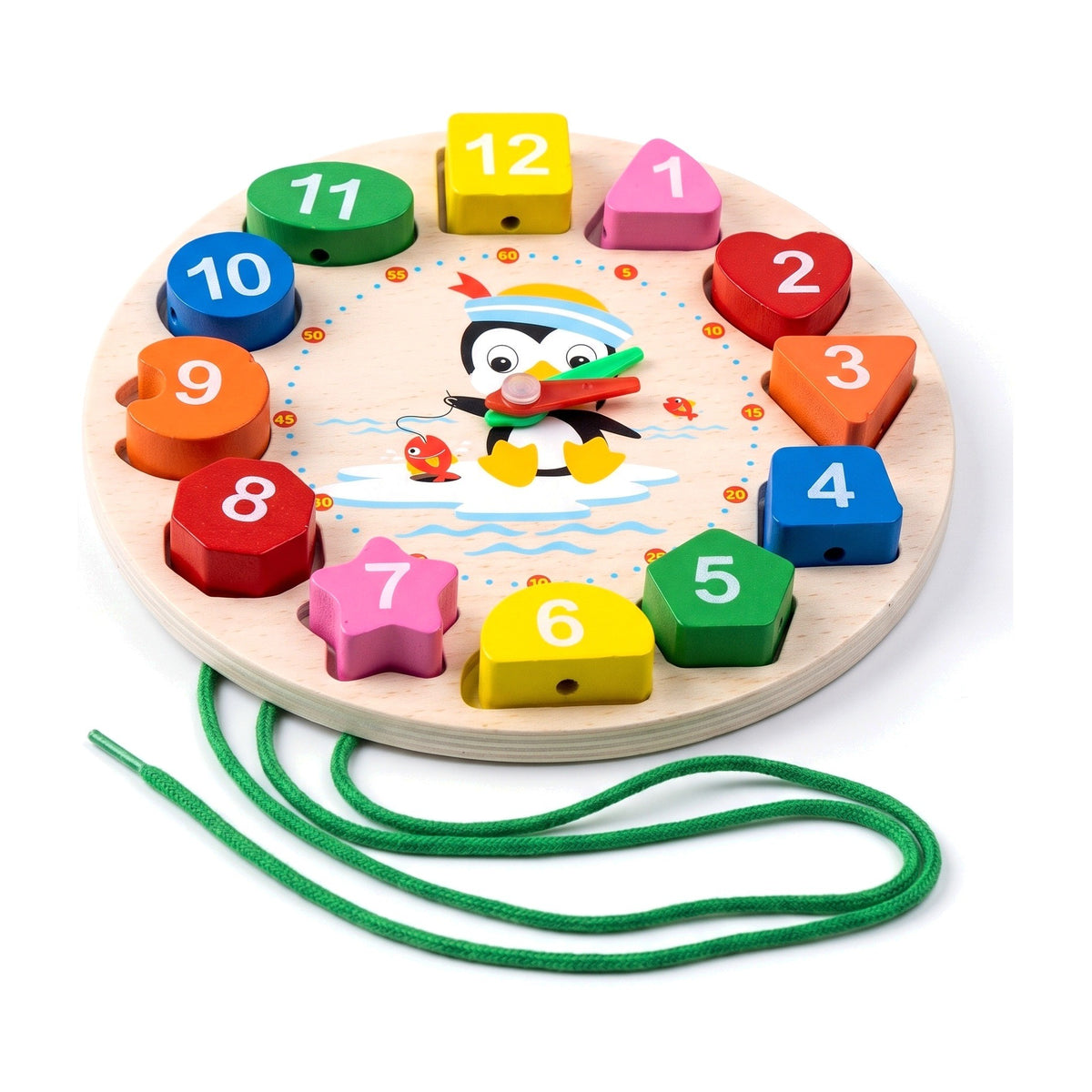 Wooden shape sorting clock lying flat with its green threading lace
