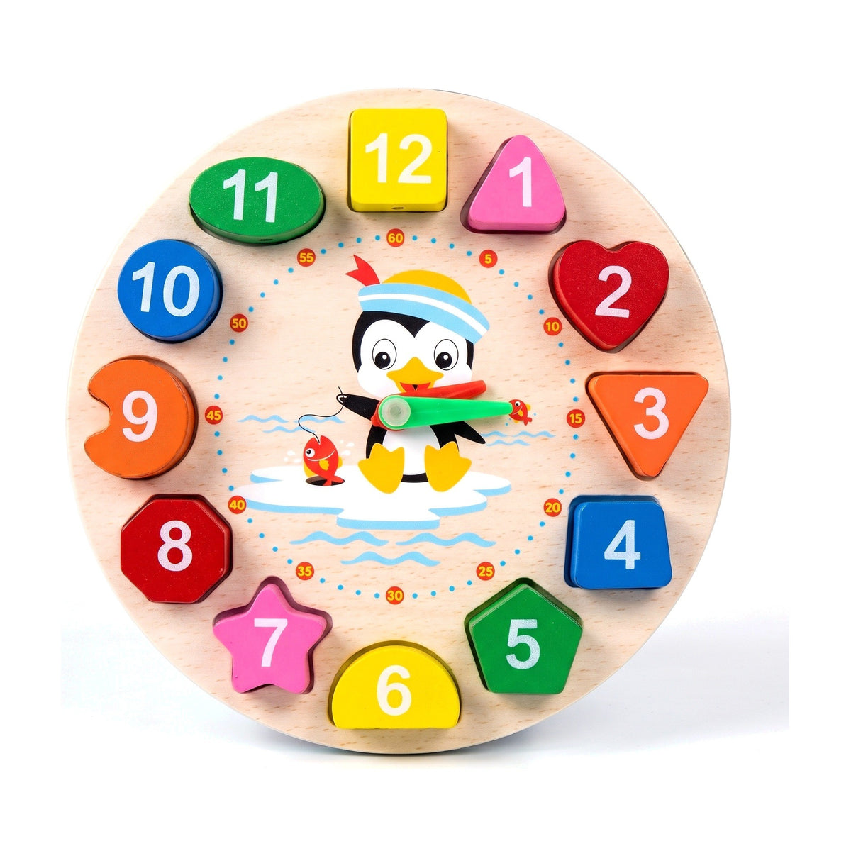 Wooden teaching clock with penguin print and twelve colourful shaped number blocks