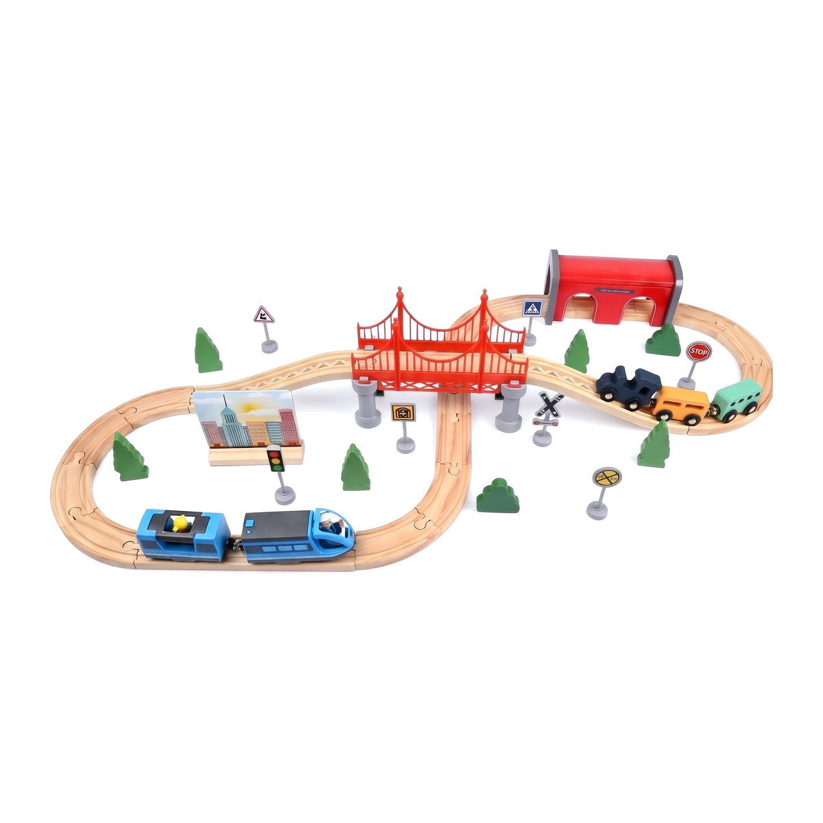 52 piece wooden train set with red suspension bridge, tunnel and blue bullet train