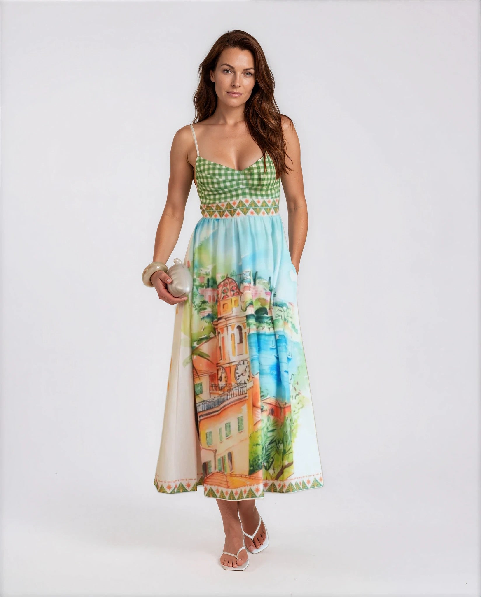 Serena Scenic Print Summer Midi Dress in Green