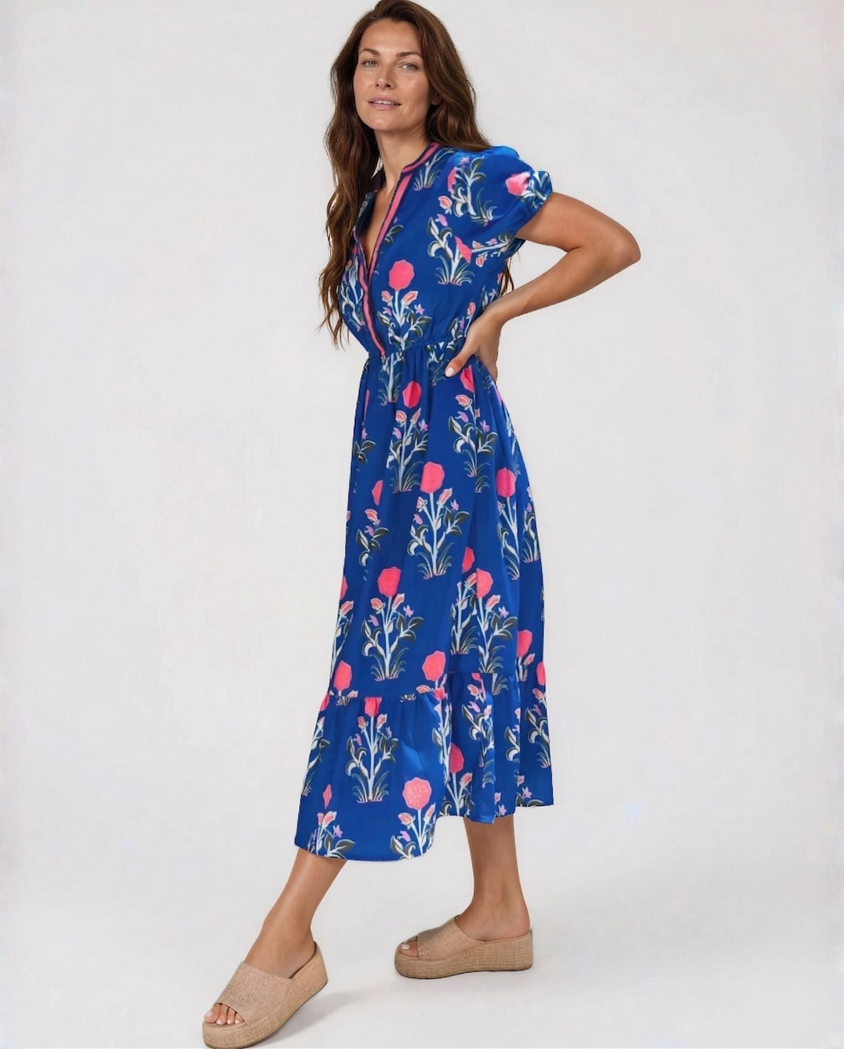 Sofia Women’s Floral Print Summer Midi Dress in Blue