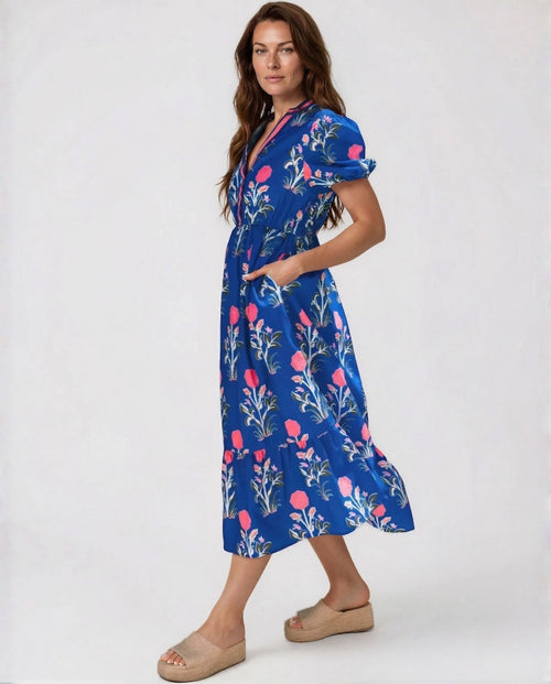 Sofia Women’s Floral Print Summer Midi Dress in Blue