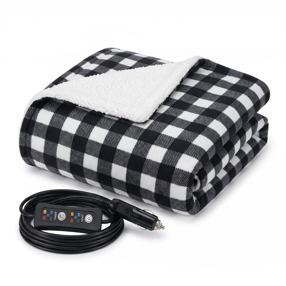 Black and white check heated car blanket with 12V plug