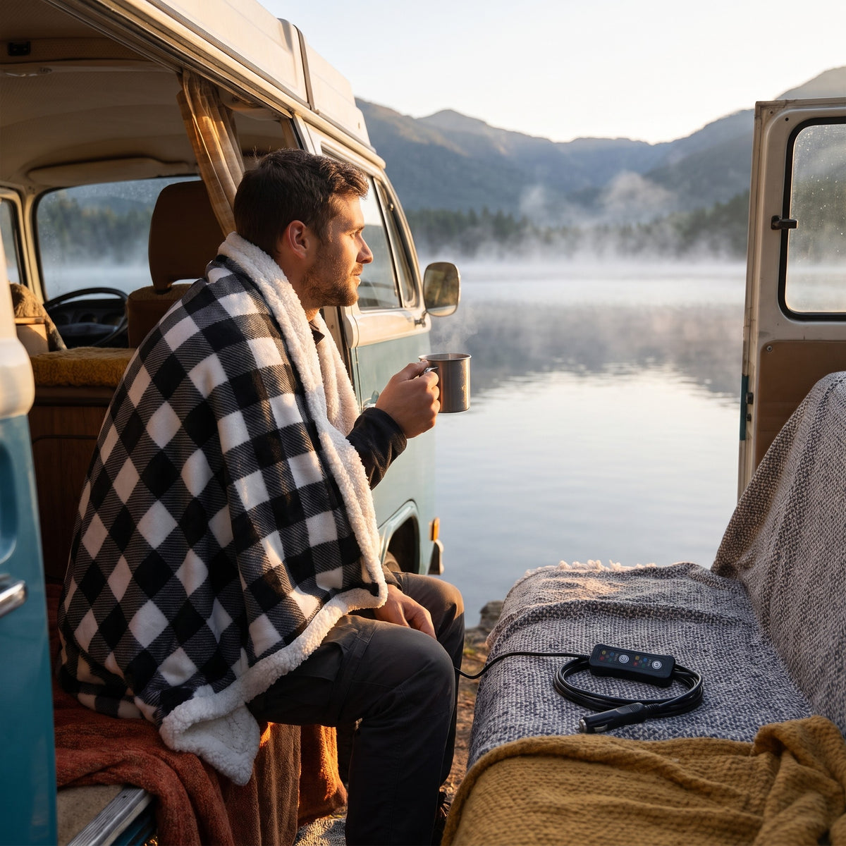 Man with a camping mug by a lake wrapped in a black and white check car blanket