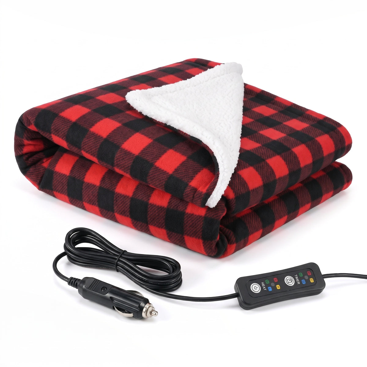 Folded red and black check 12V heated car blanket with plug and controller