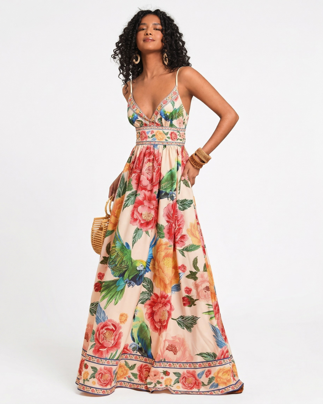 Woman wearing a floral dress on a white background