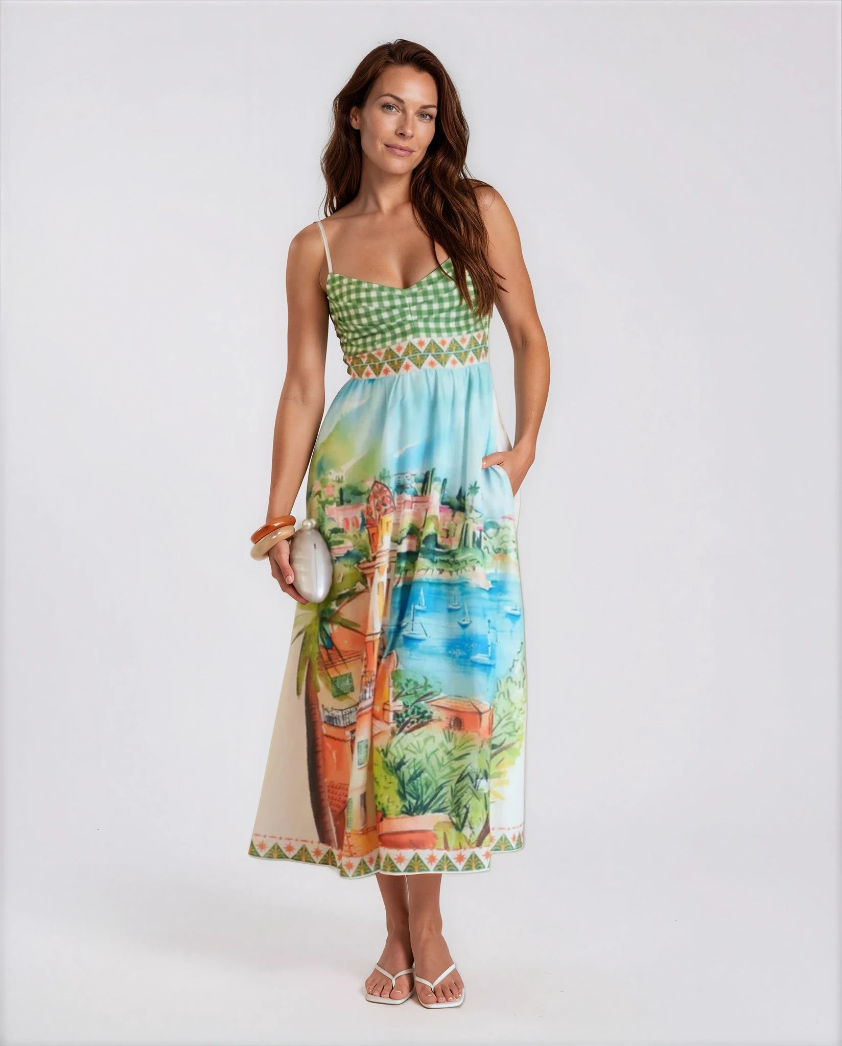 Serena Scenic Print Summer Midi Dress in Green