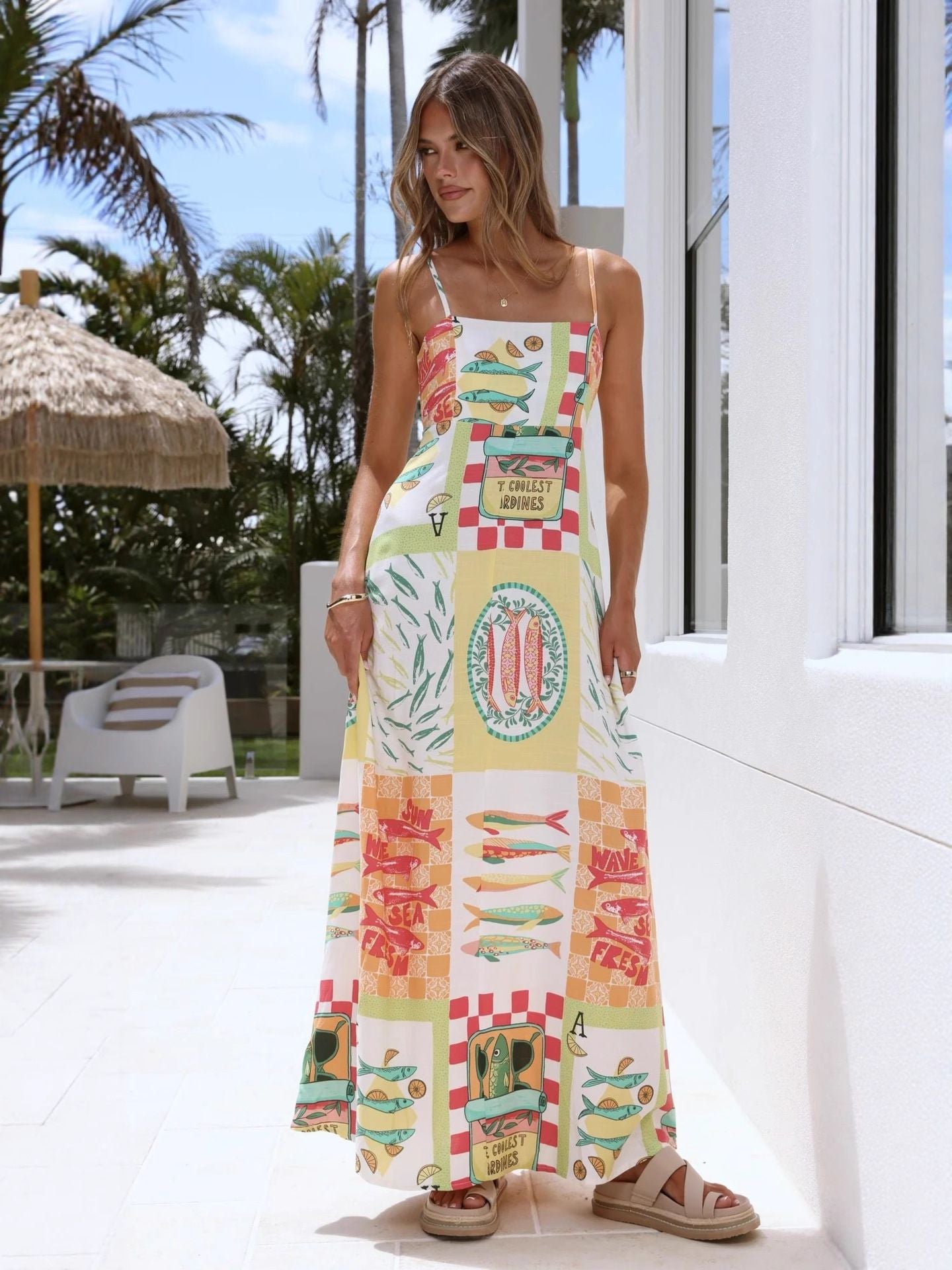 Saveria Sardine Print Linen Maxi Dress