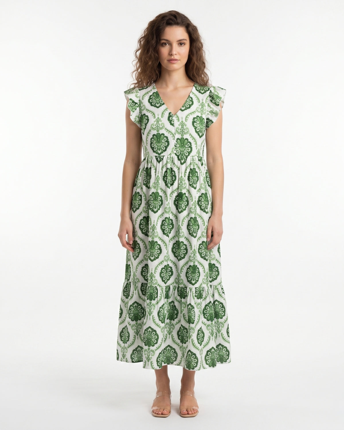 Green Flutter Sleeve V-Neck Summer Midi Dress