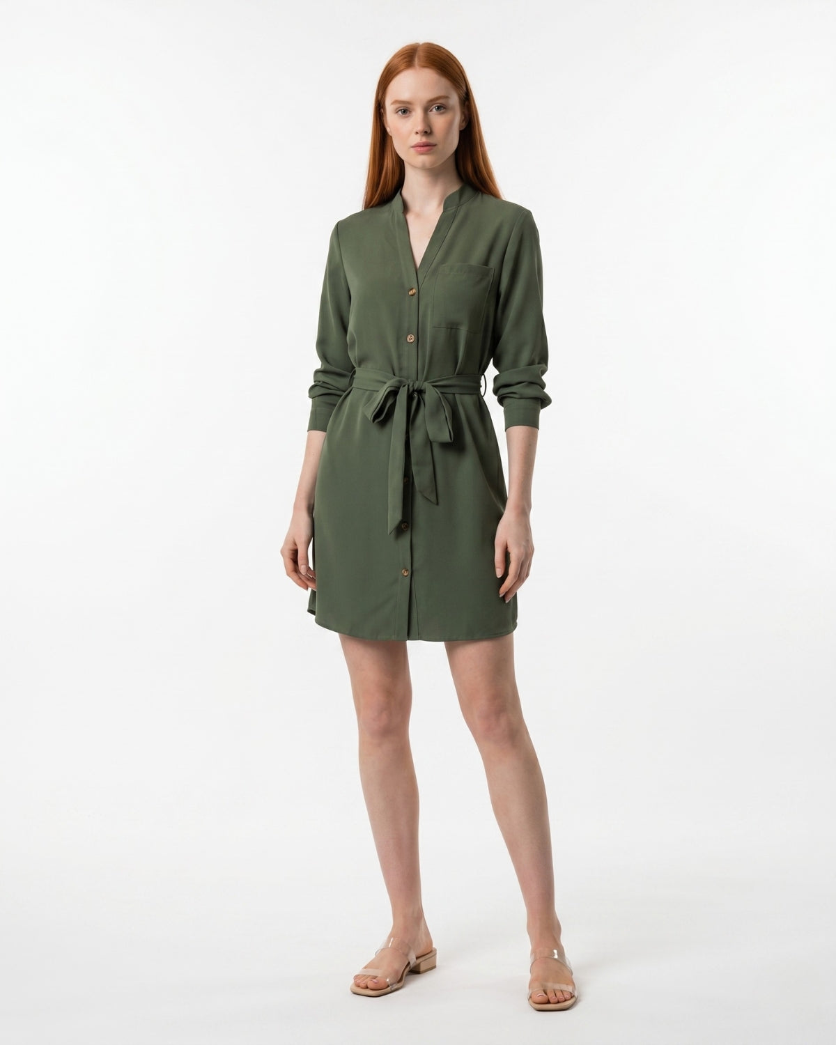 Khaki Green Long Sleeve V-Neck Belted Shirt Mini Dress