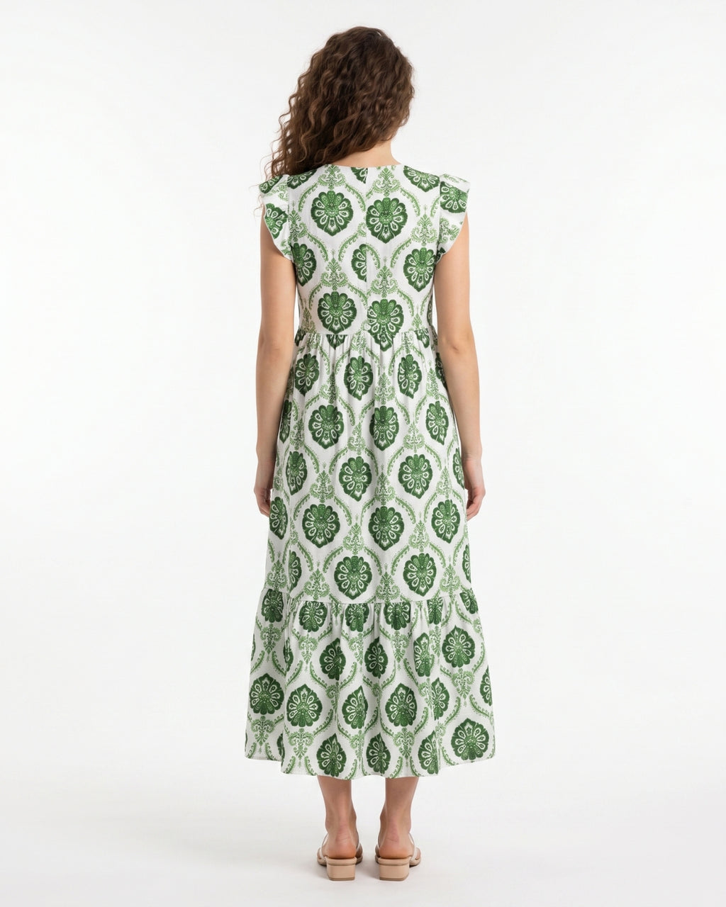 Green Flutter Sleeve V-Neck Summer Midi Dress