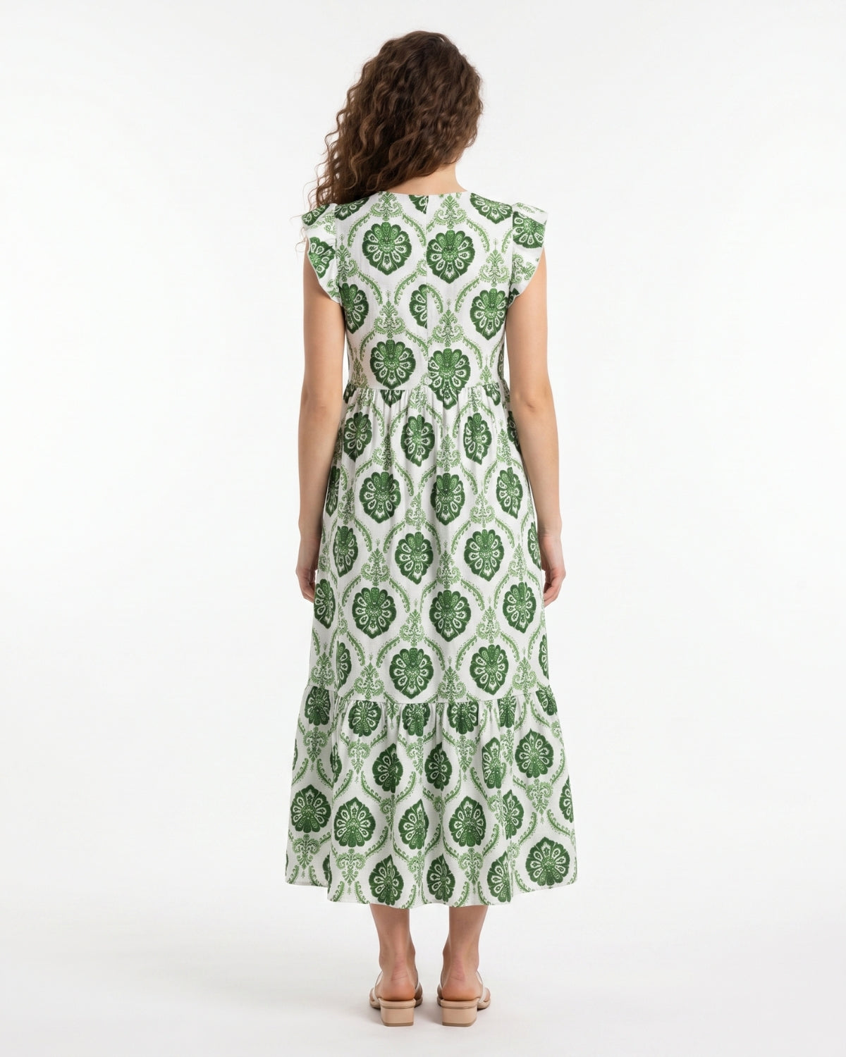 Green Flutter Sleeve V-Neck Summer Midi Dress