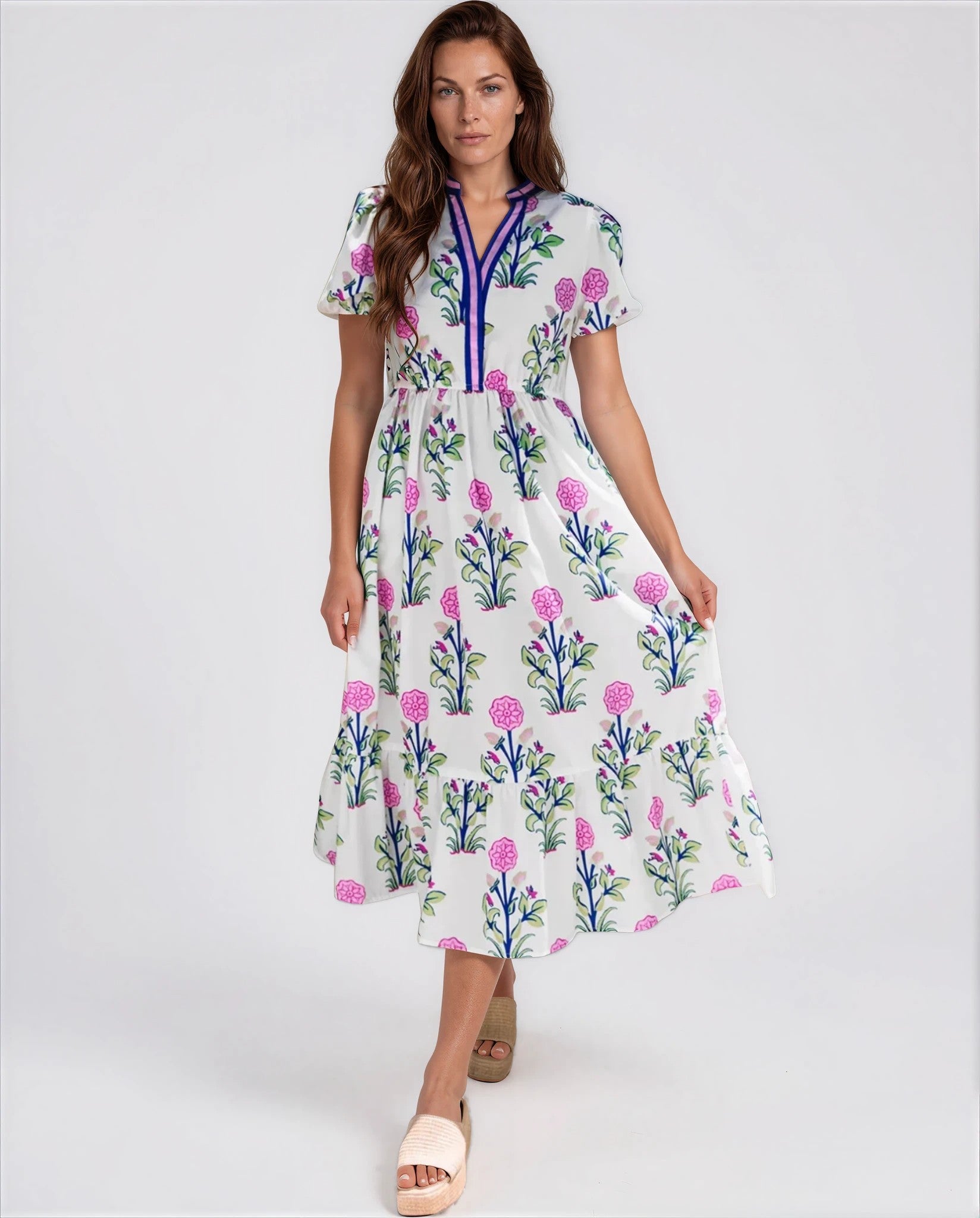 Chiara Women’s Floral Print Summer Midi Dress in White