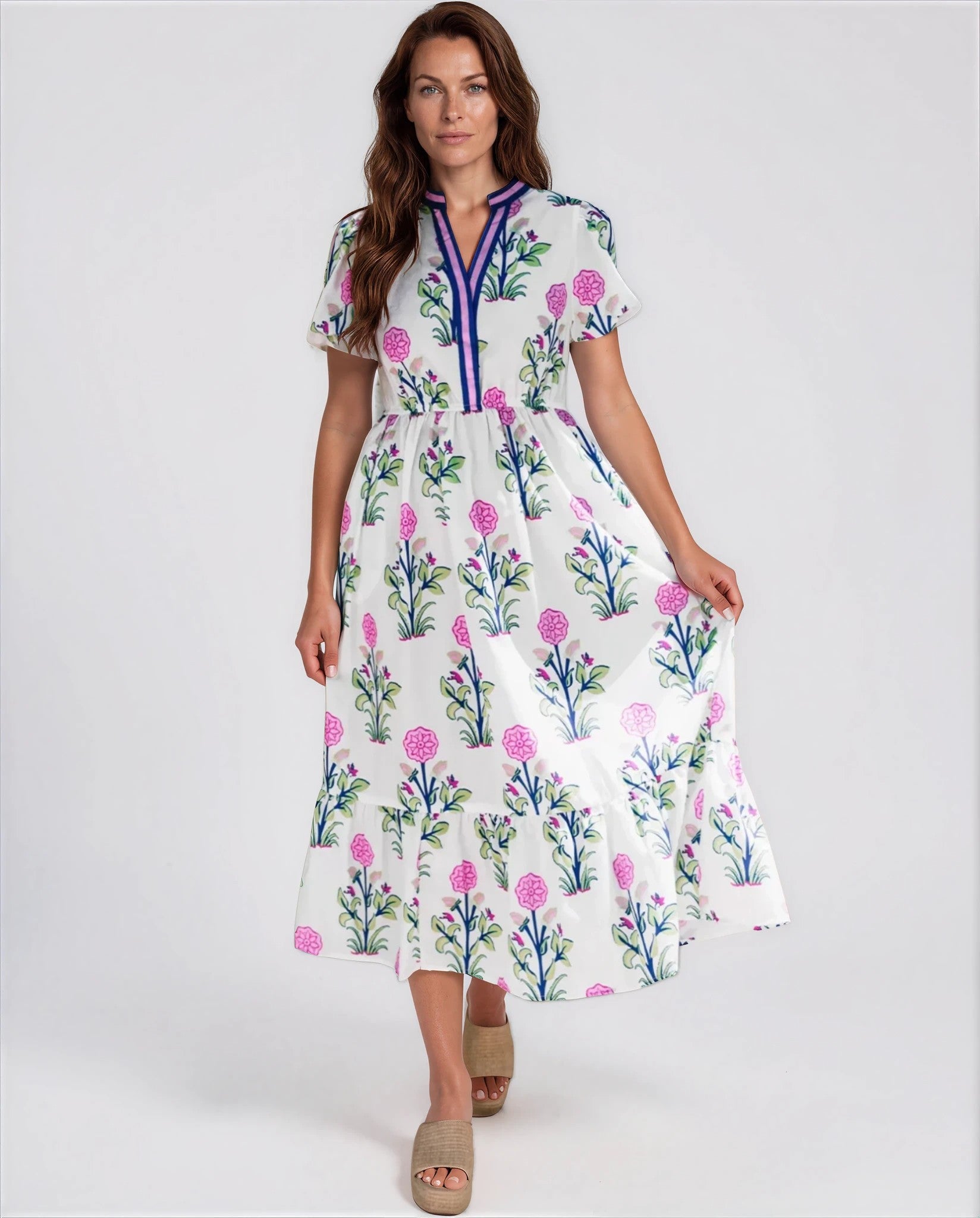 Chiara Women’s Floral Print Summer Midi Dress in White