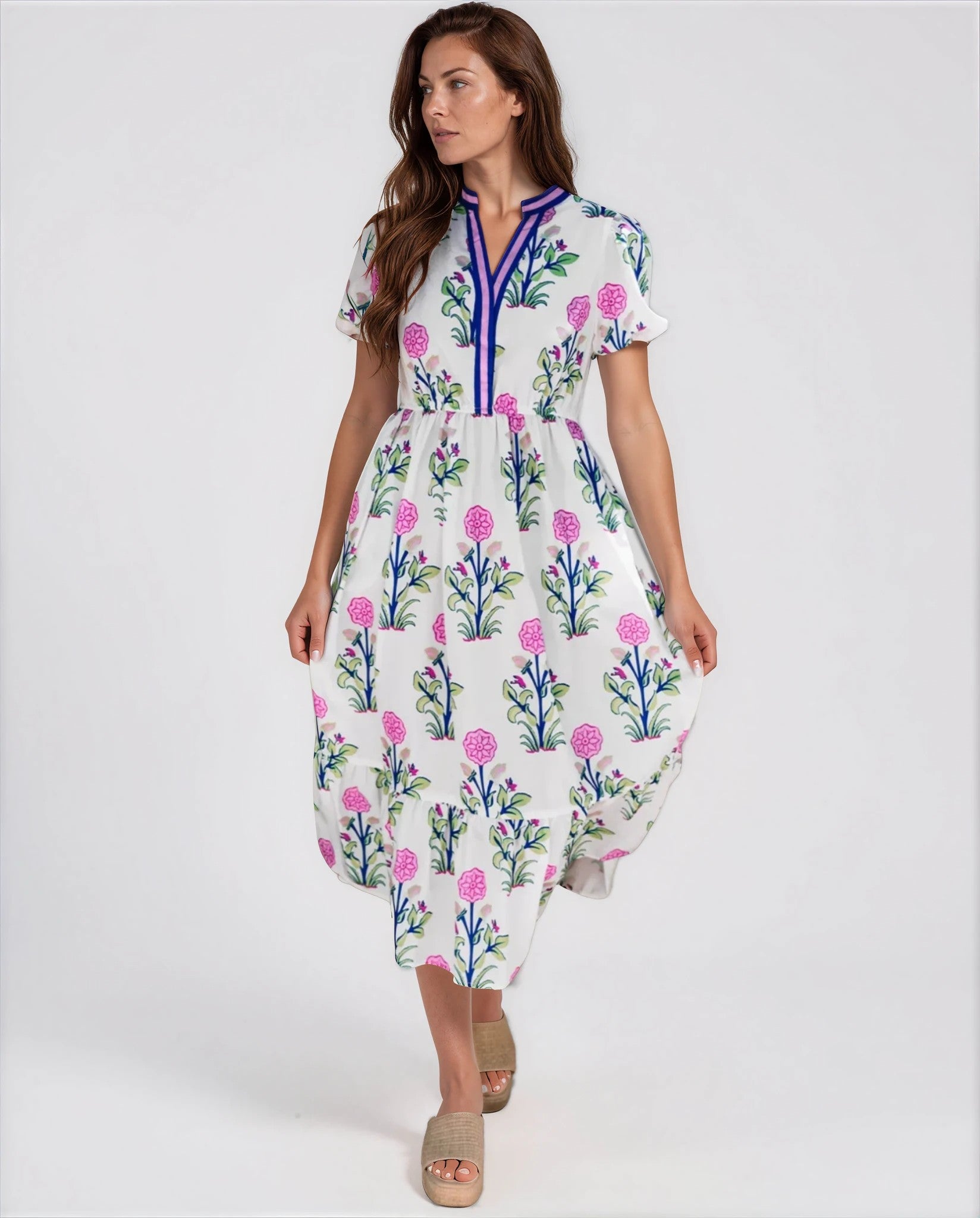 Chiara Women’s Floral Print Summer Midi Dress in White