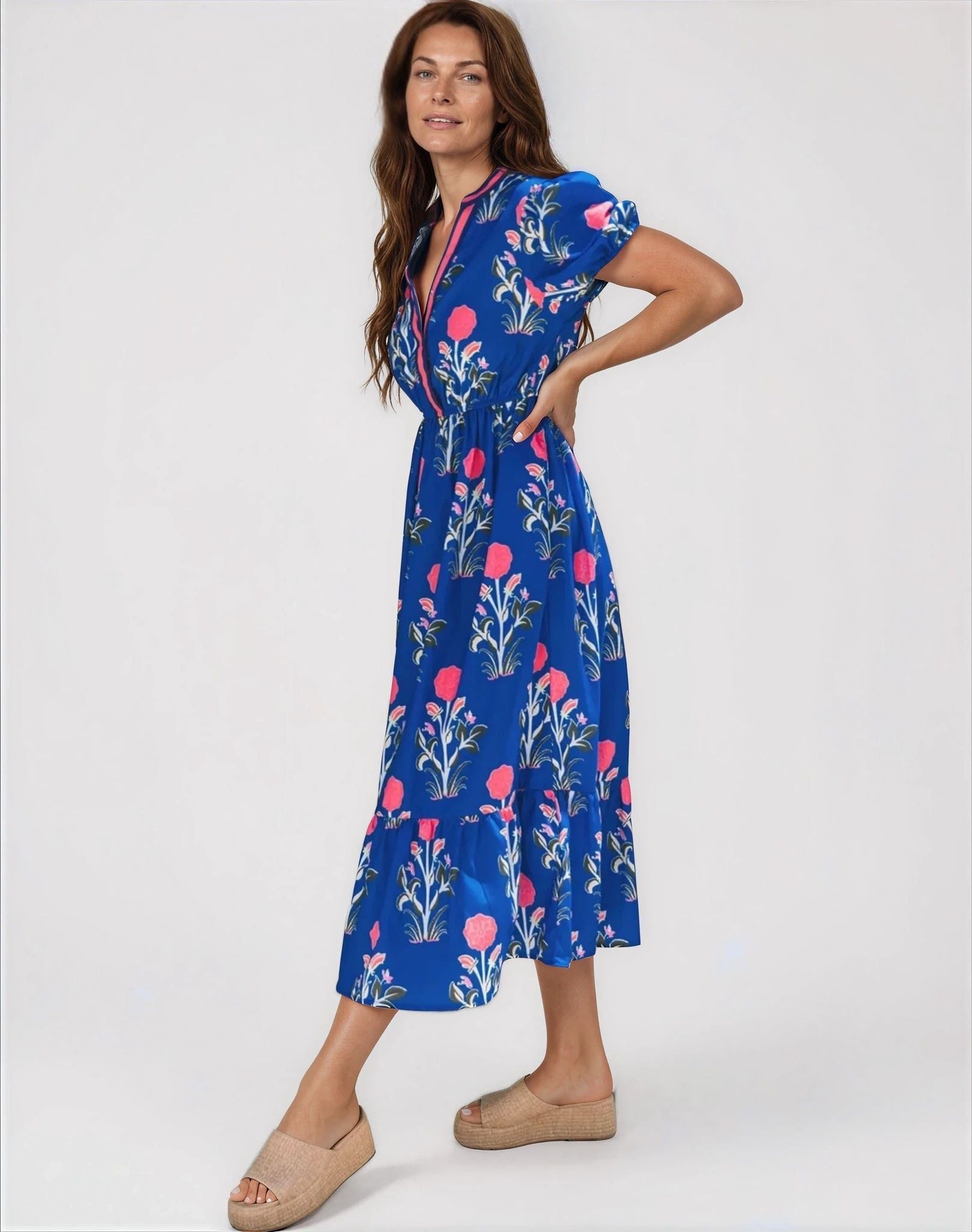 Sofia Women’s Floral Print Summer Midi Dress in Blue