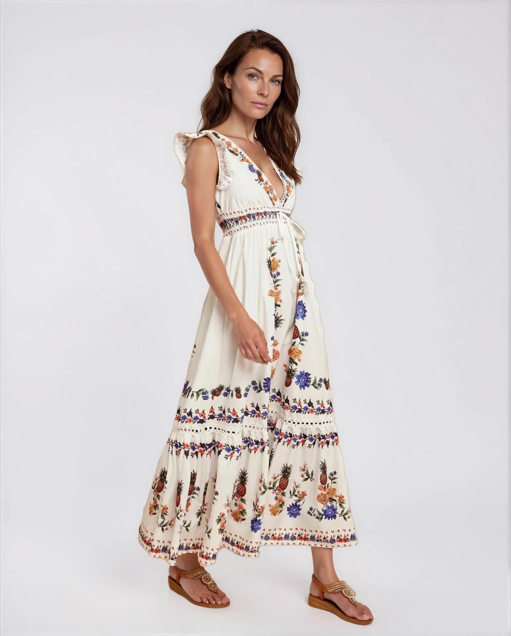 Isabella Women’s Floral Print Summer Maxi Dress in White