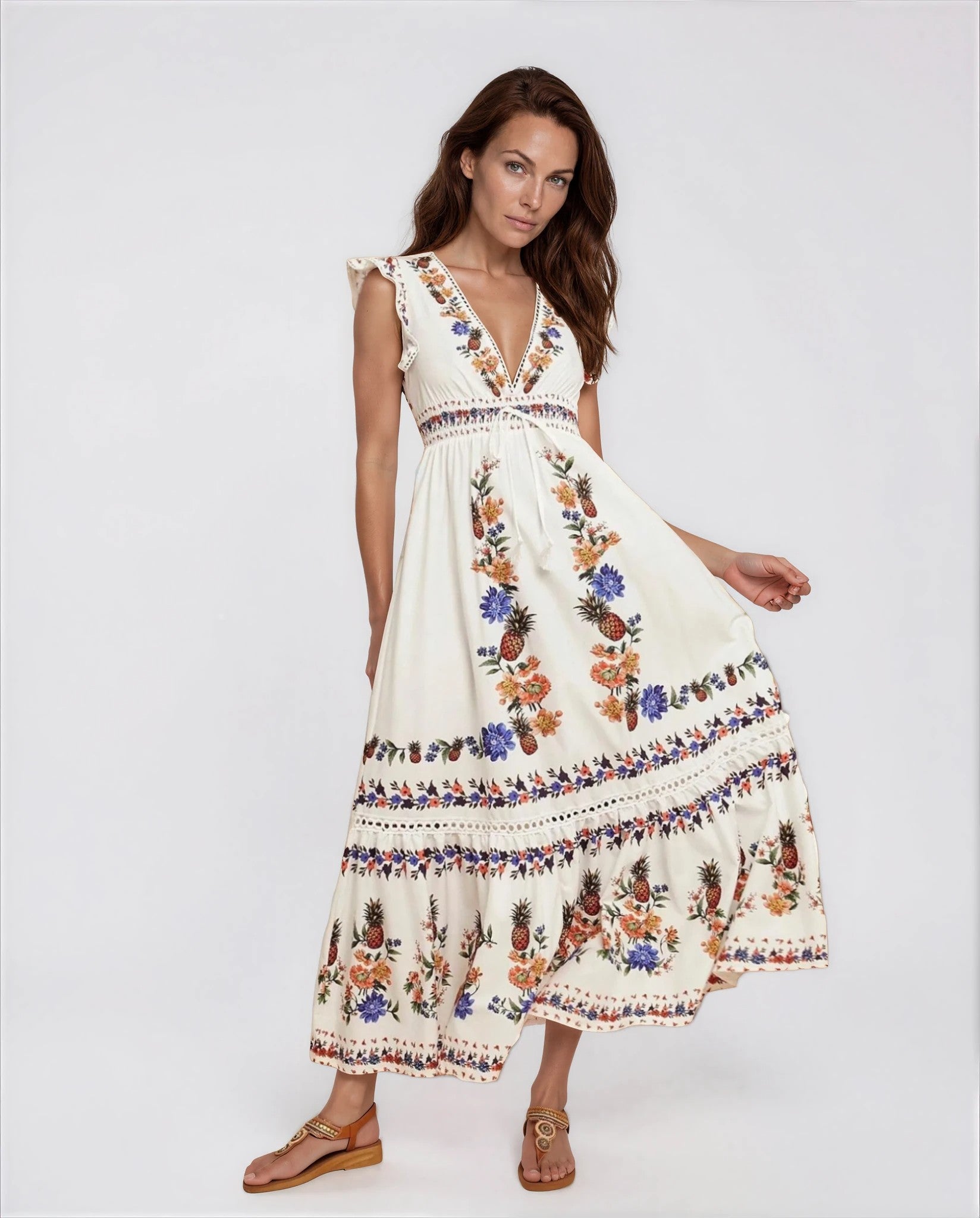 Isabella Women’s Floral Print Summer Maxi Dress in White