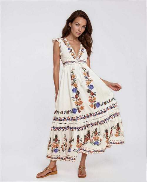 Isabella Women’s Floral Print Summer Maxi Dress in White