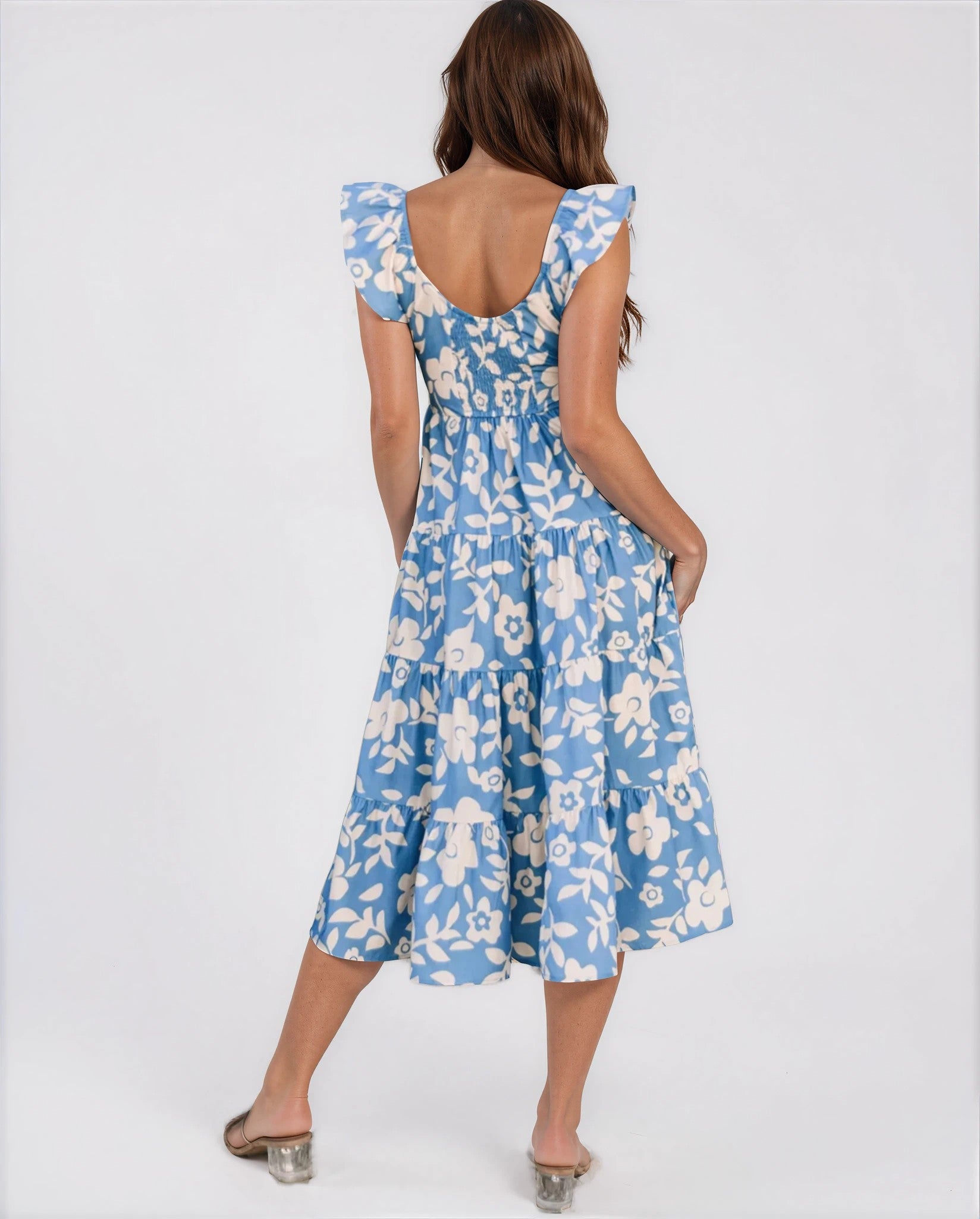 Elisa Floral Print Summer Midi Dress in Blue