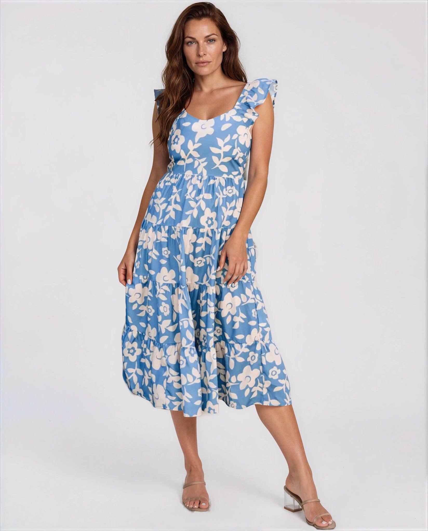 Elisa Floral Print Summer Midi Dress in Blue