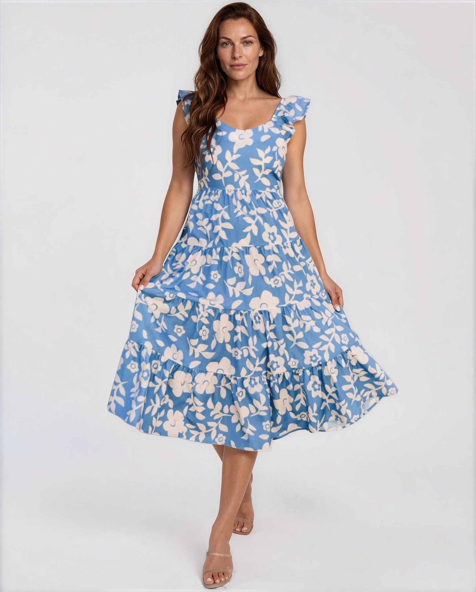 Elisa Floral Print Summer Midi Dress in Blue