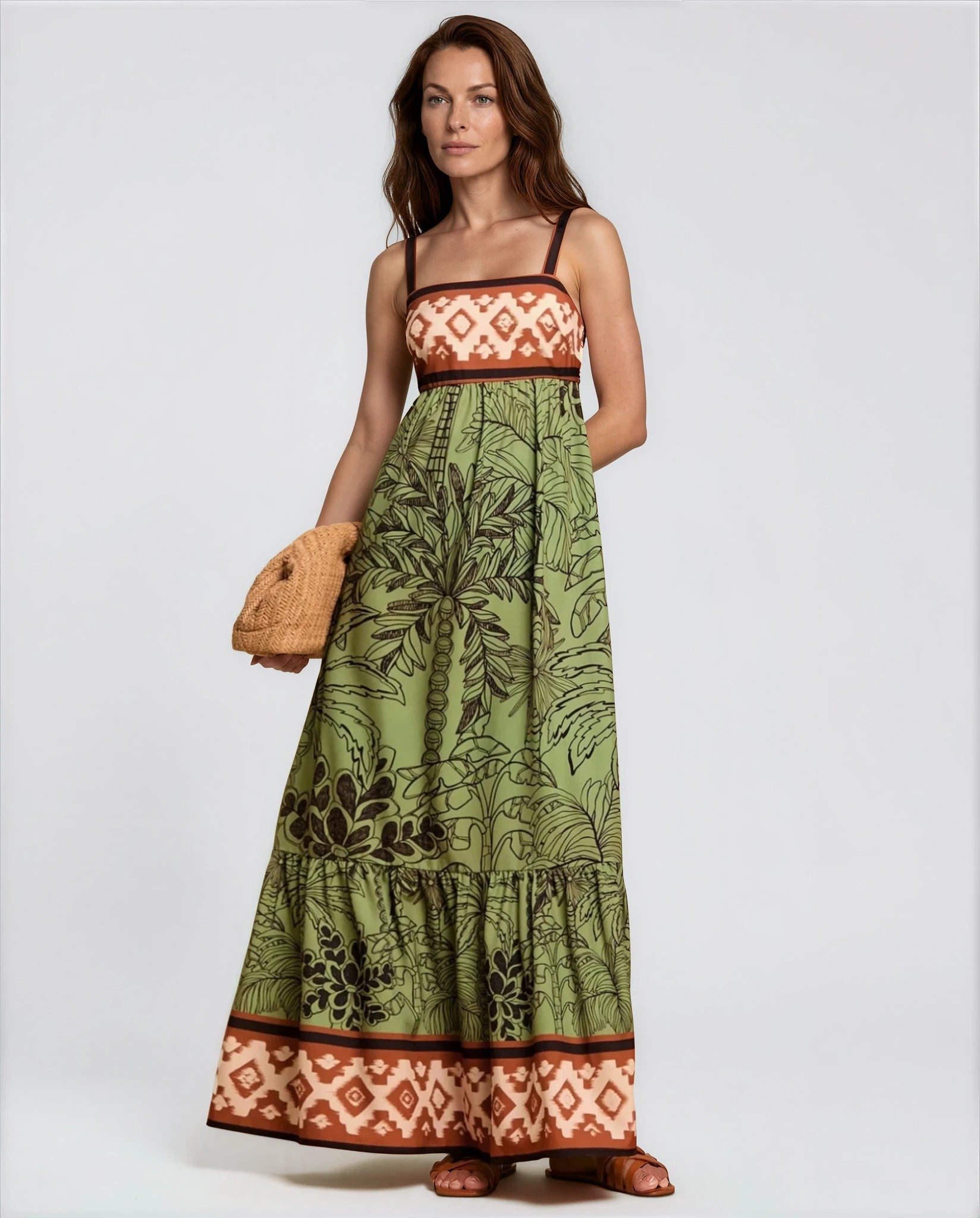 Livia Tropical Print Summer Maxi Dress in Green