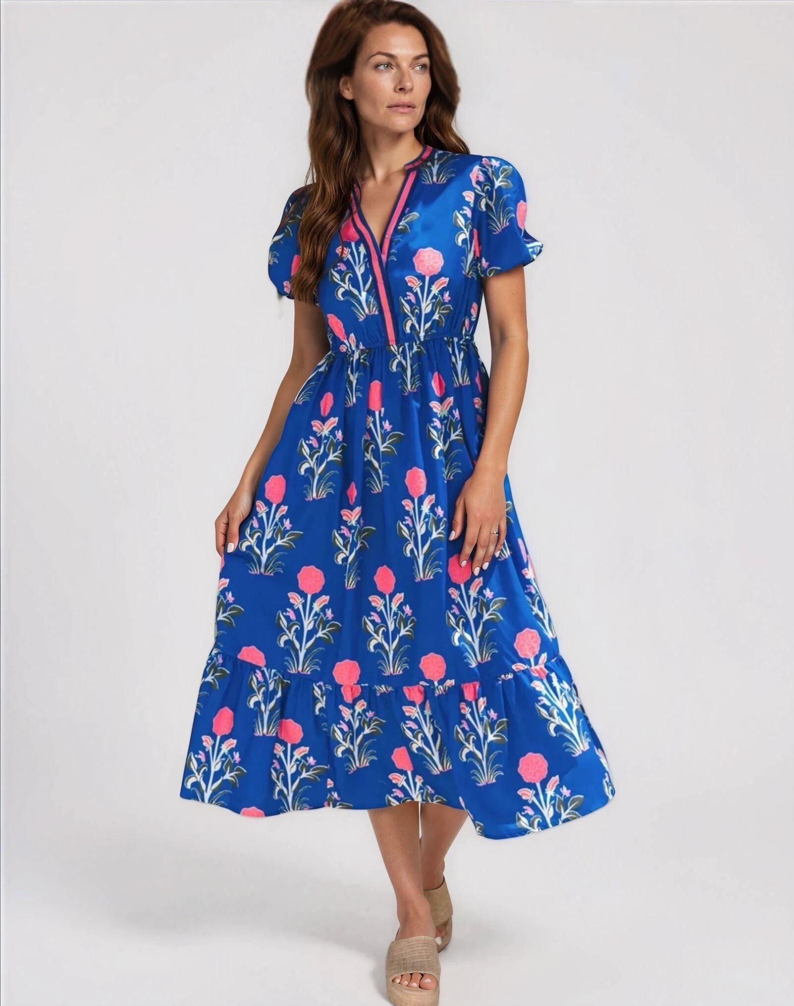 Sofia Women’s Floral Print Summer Midi Dress in Blue