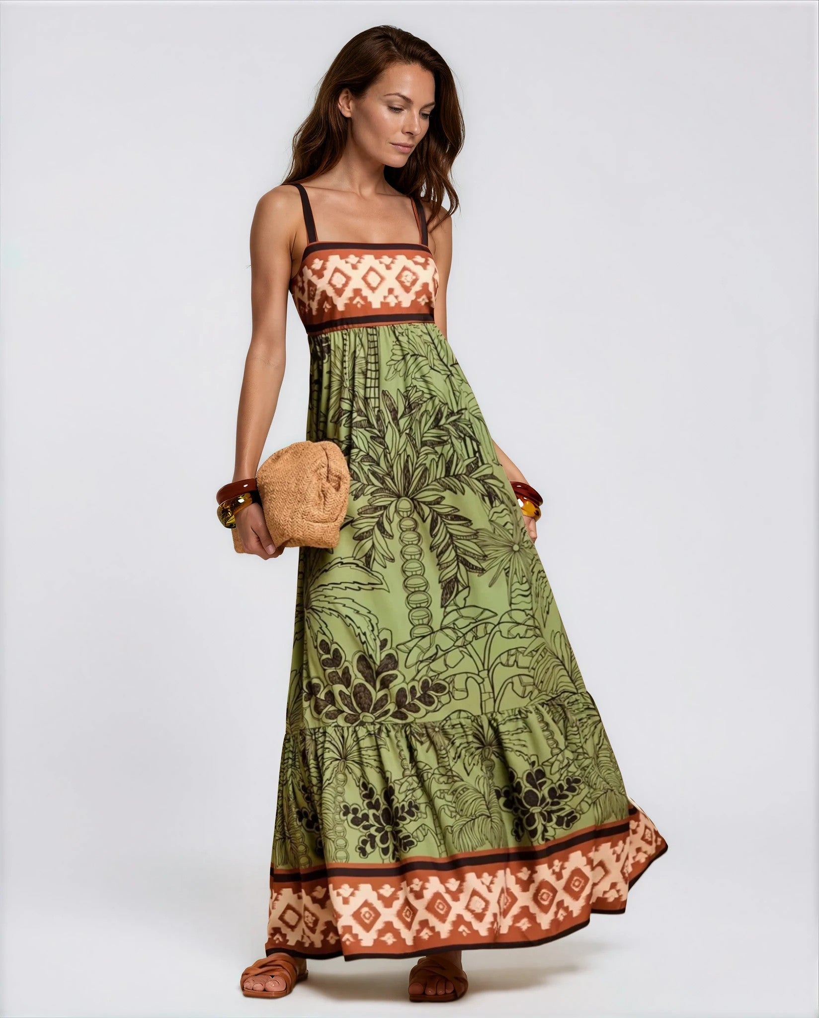 Livia Tropical Print Summer Maxi Dress in Green