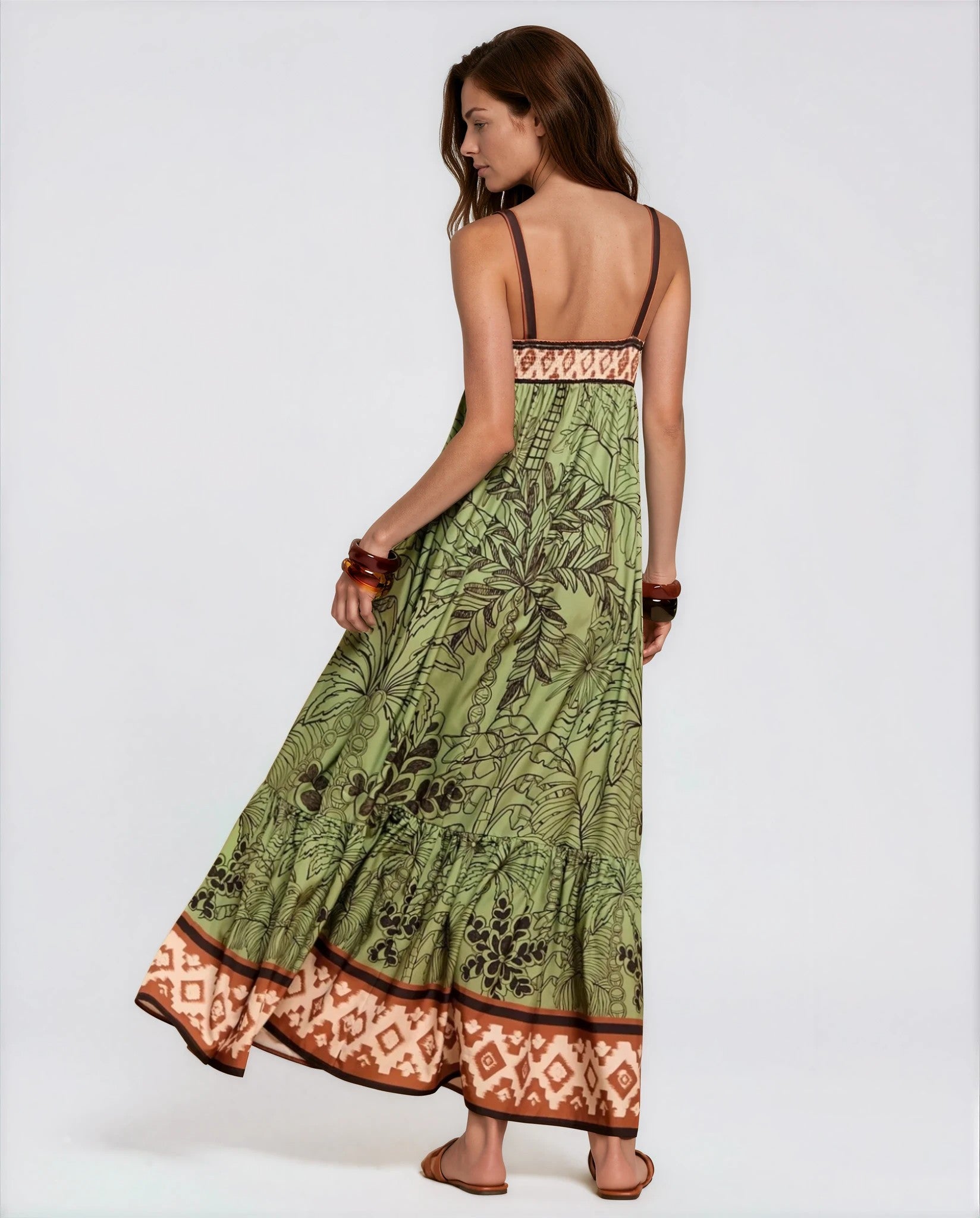 Livia Tropical Print Summer Maxi Dress in Green
