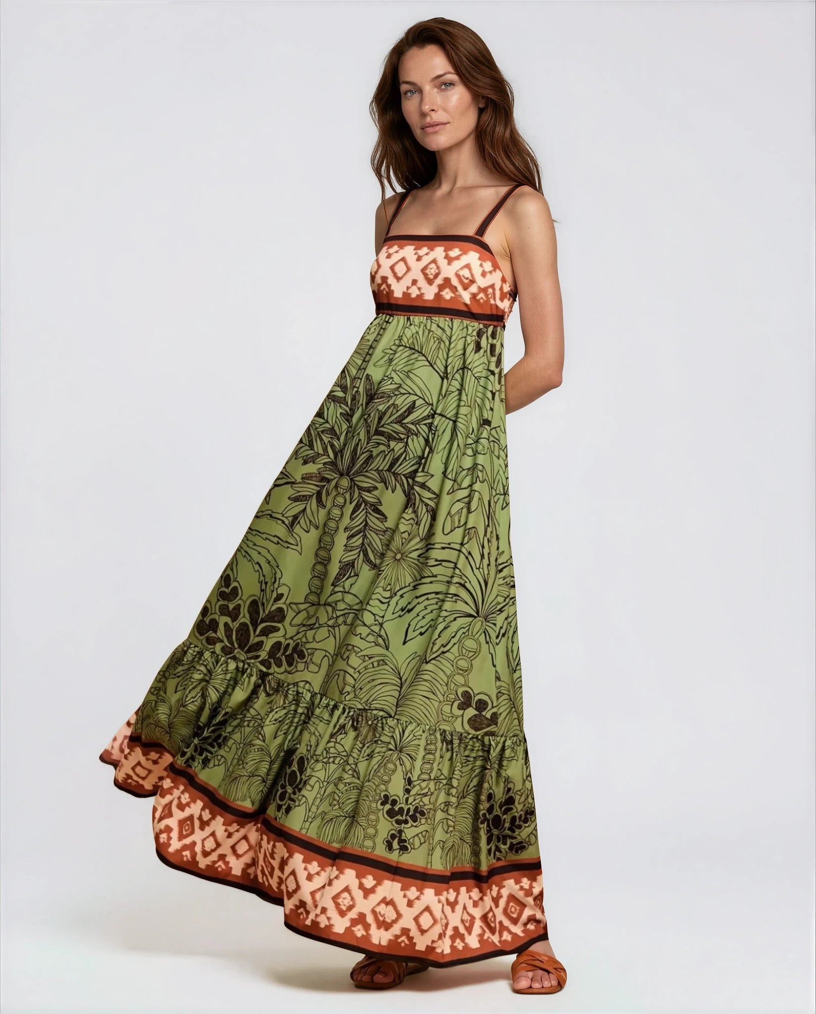 Livia Tropical Print Summer Maxi Dress in Green