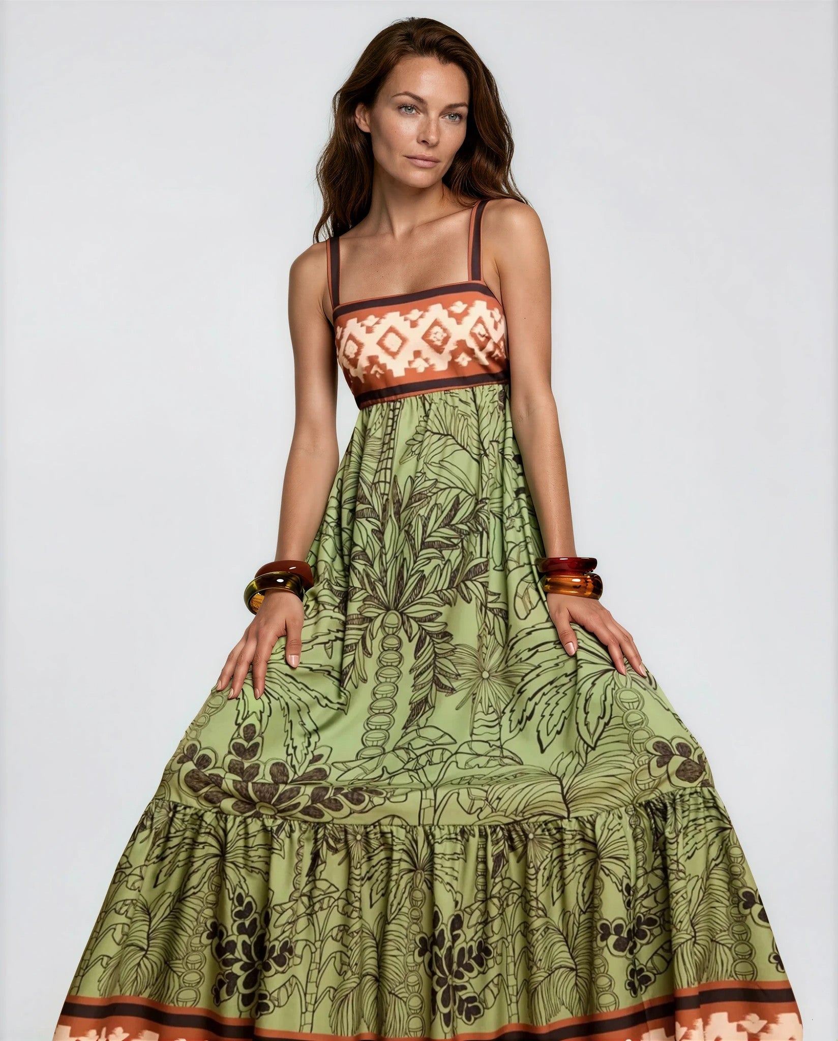 Livia Tropical Print Summer Maxi Dress in Green