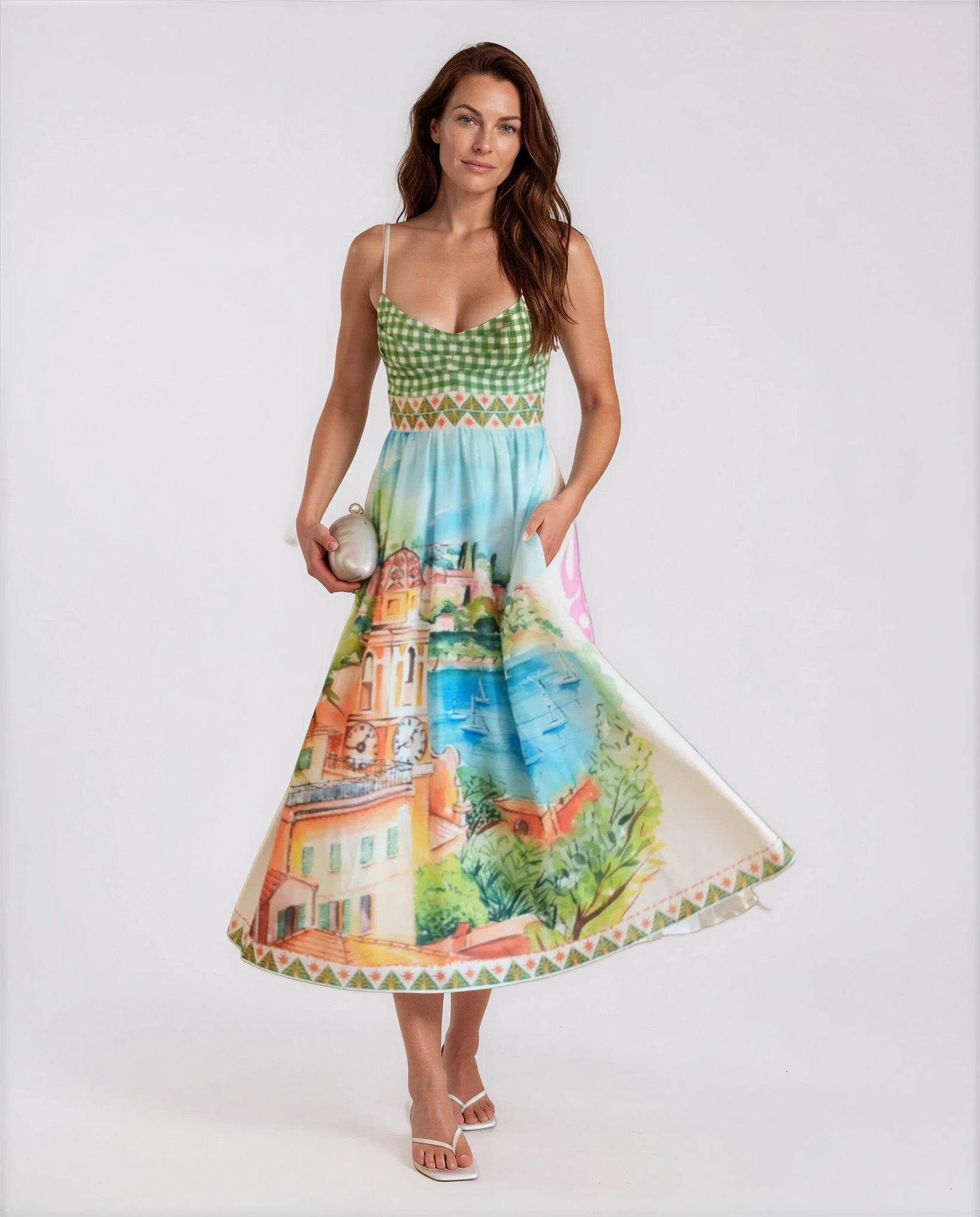 Serena Scenic Print Summer Midi Dress in Green