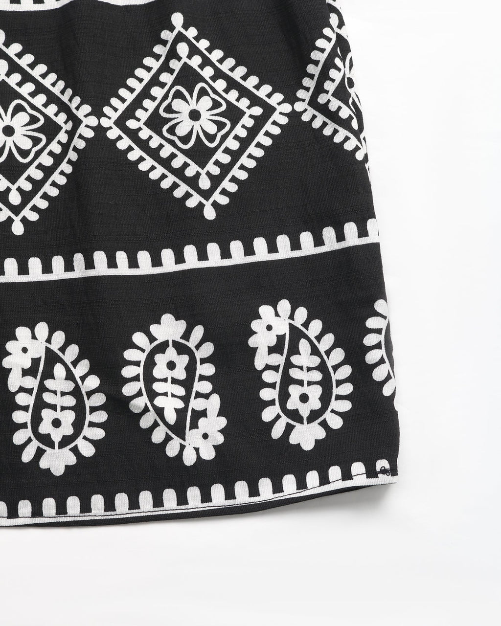 Black fabric with white geometric patterns on a white background