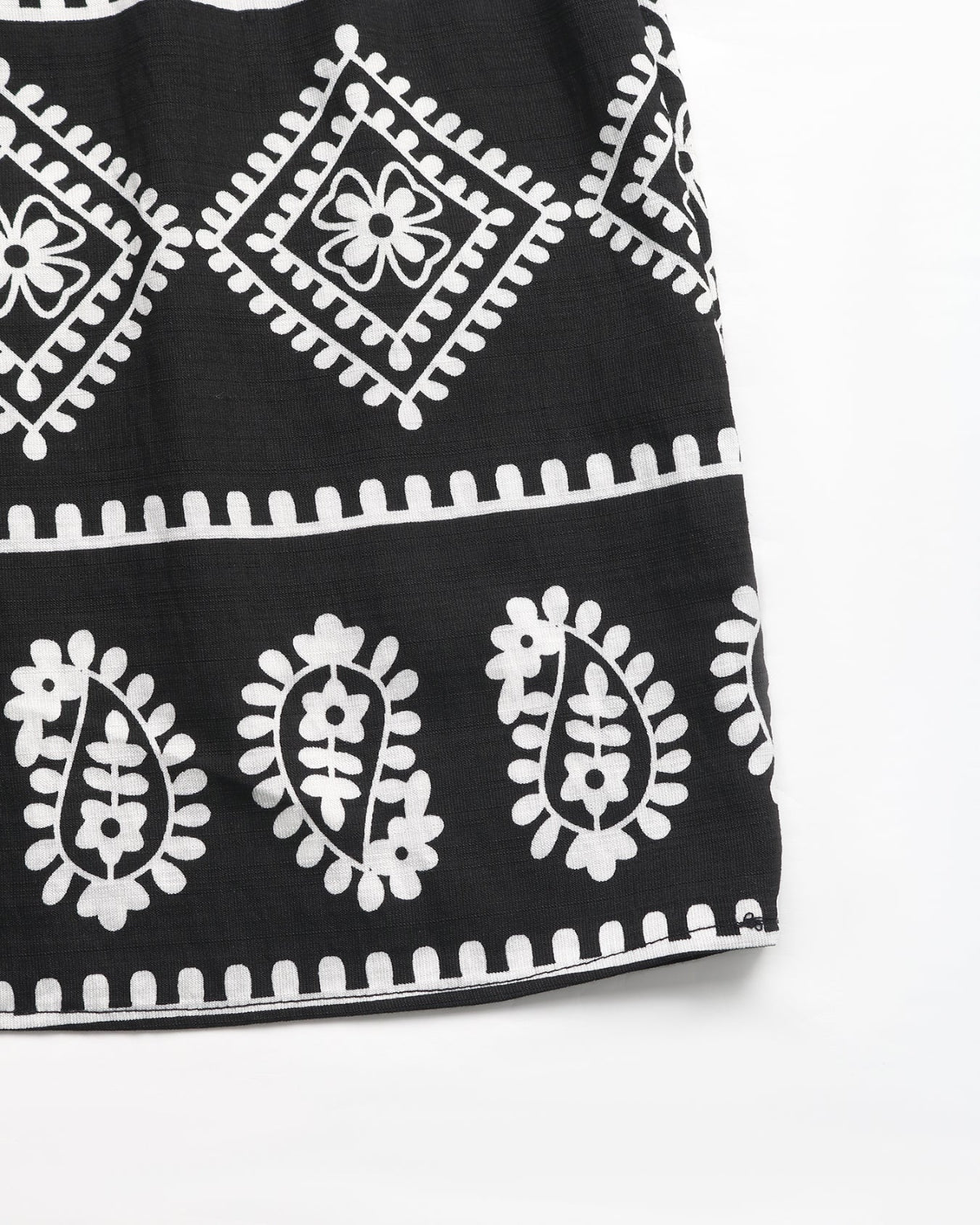 Black fabric with white geometric patterns on a white background